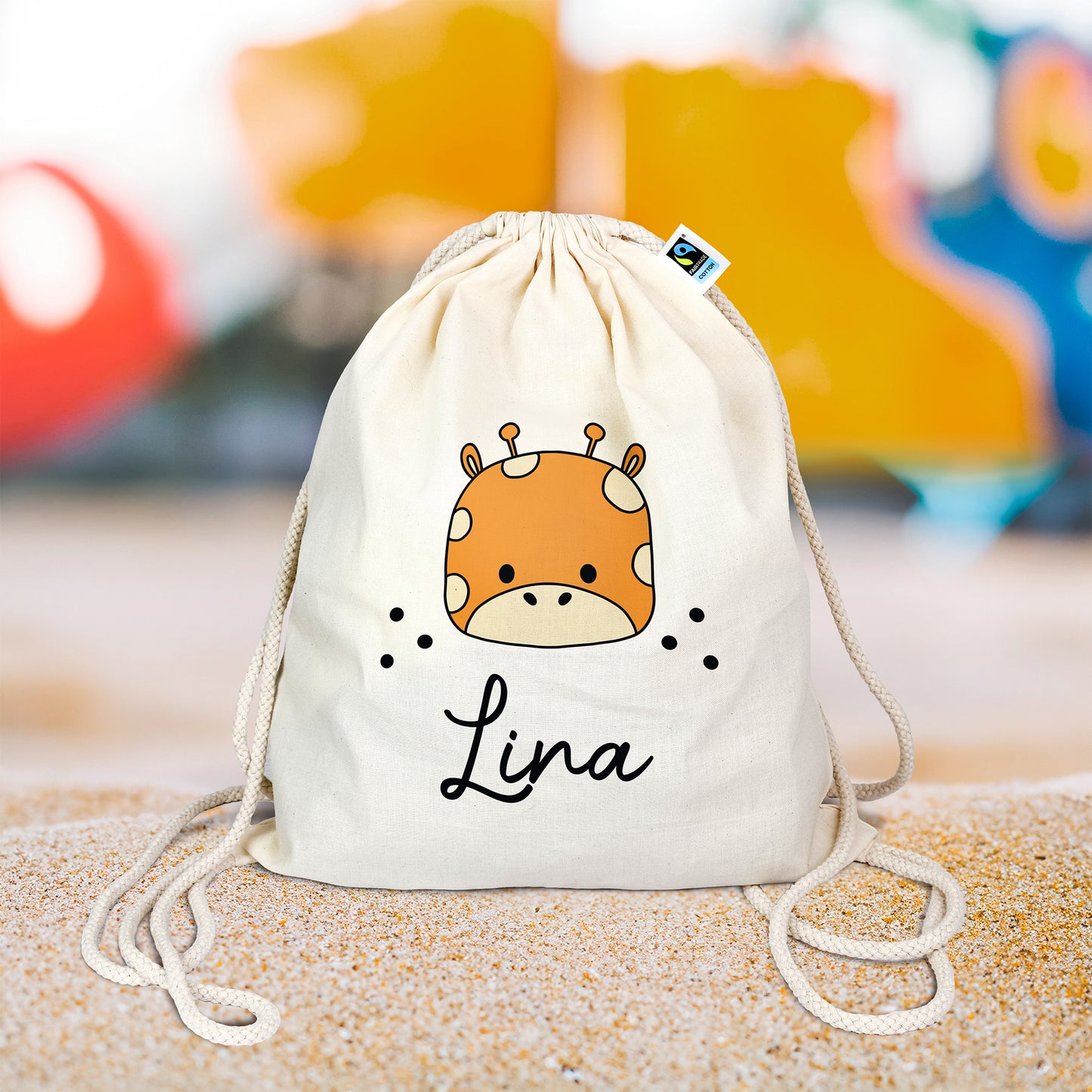 Personalisierter Turnbeutel aus Bio- Baumwolle | mit Wunschnamen | Giraffe | fuer Schule und Kindergarten - verschenkich.de