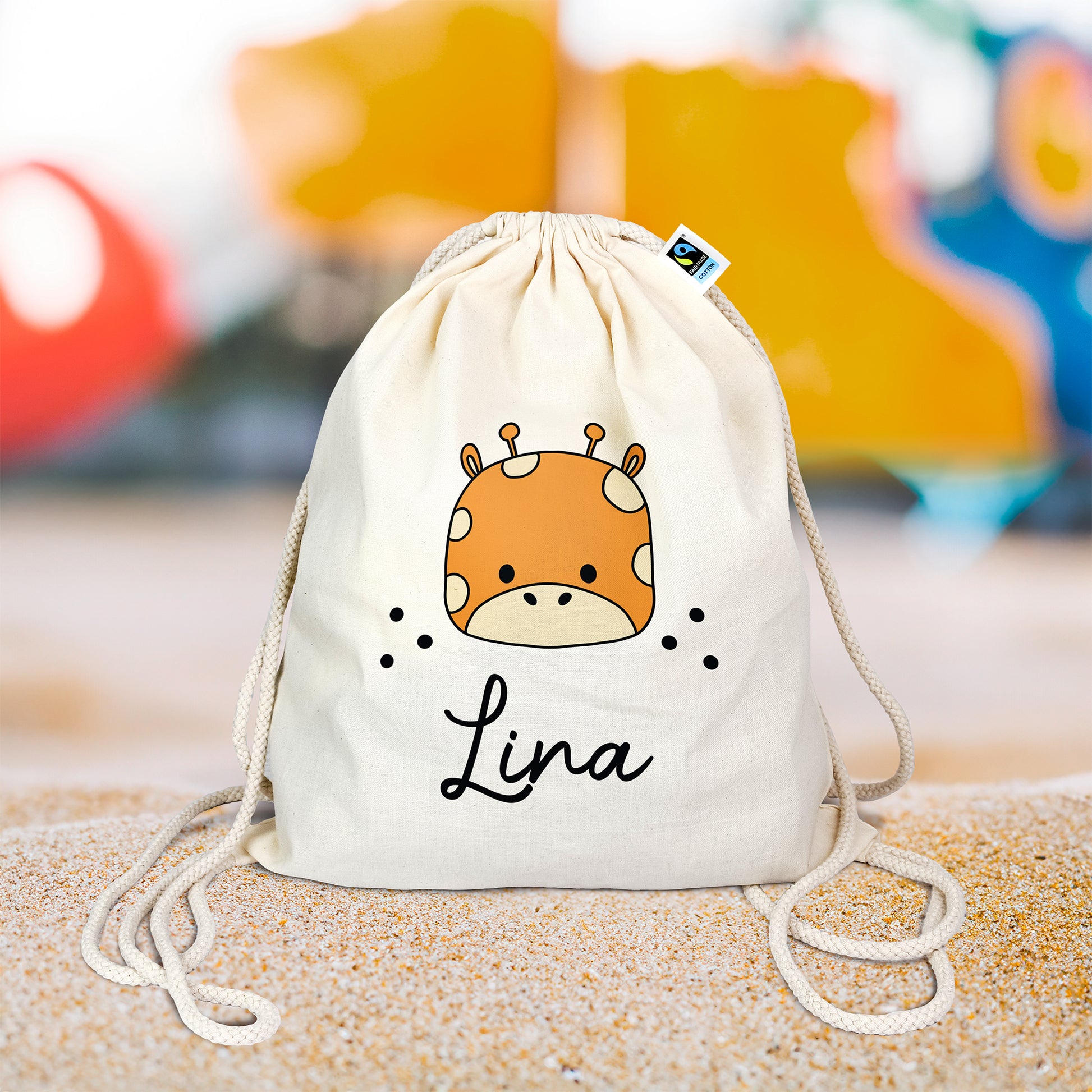 Personalisierter Turnbeutel aus Bio- Baumwolle | mit Wunschnamen | Giraffe | fuer Schule und Kindergarten - verschenkich.de
