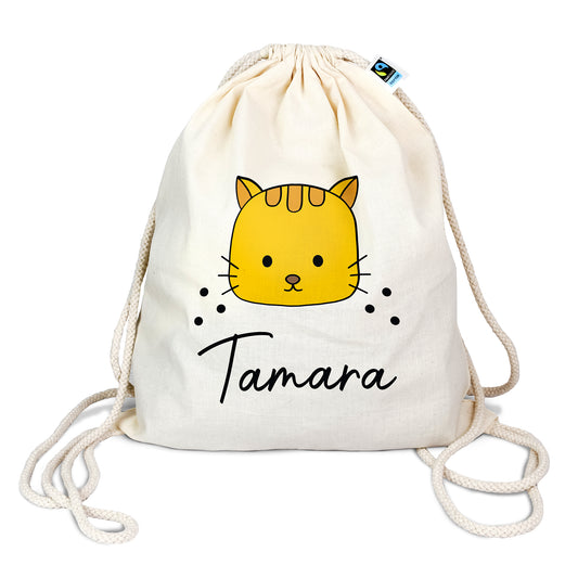Personalisierter Turnbeutel aus Bio- Baumwolle | mit Wunschnamen | Katze | für Schule und Kindergarten - verschenkich.de