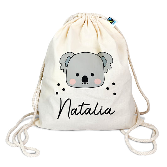Personalisierter Turnbeutel aus Bio- Baumwolle | mit Wunschnamen | Koala | fuer Schule und Kindergarten - verschenkich.de