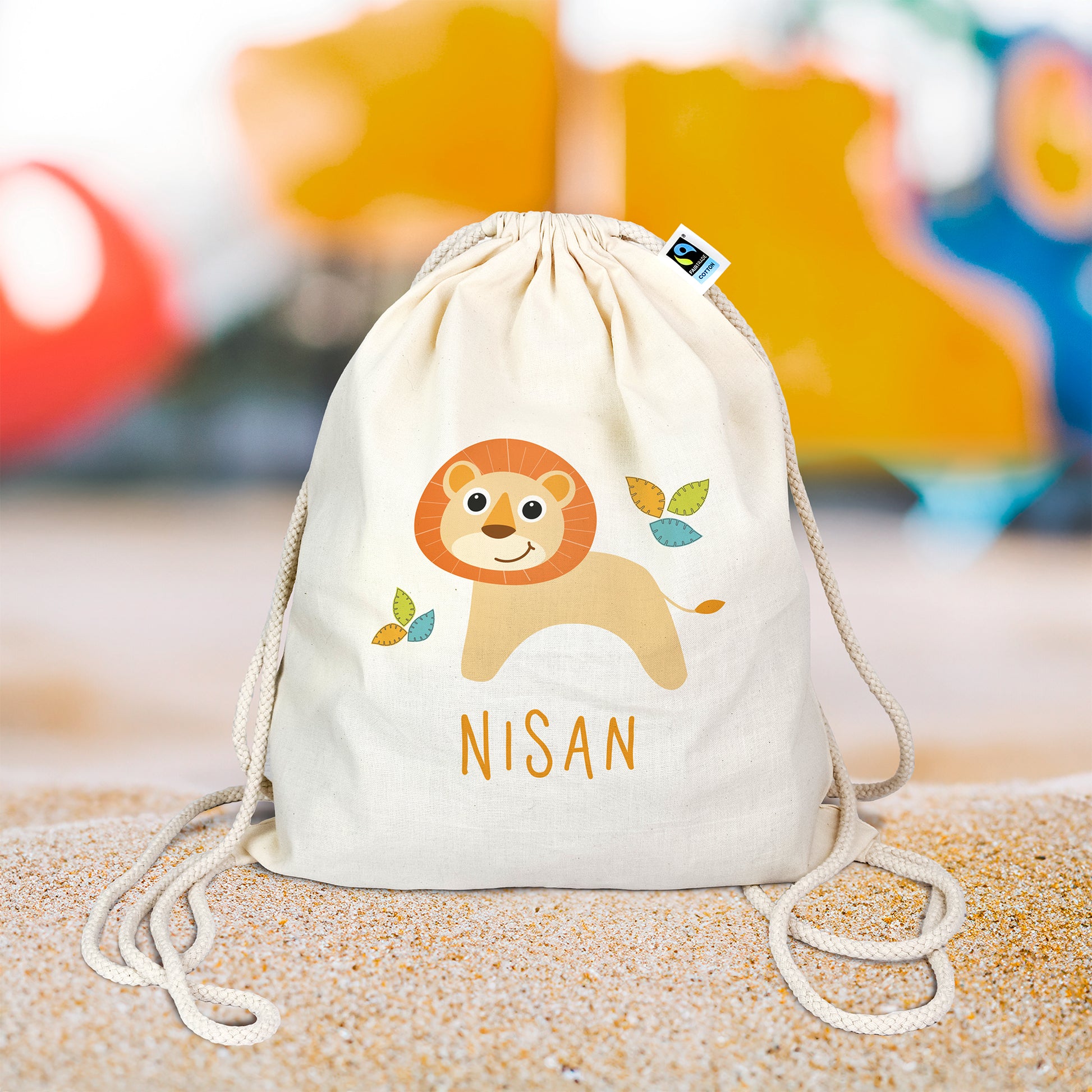 Personalisierter Turnbeutel aus Bio- Baumwolle | mit Wunschnamen | Löwe Blätter | für Schule und Kindergarten - verschenkich.de