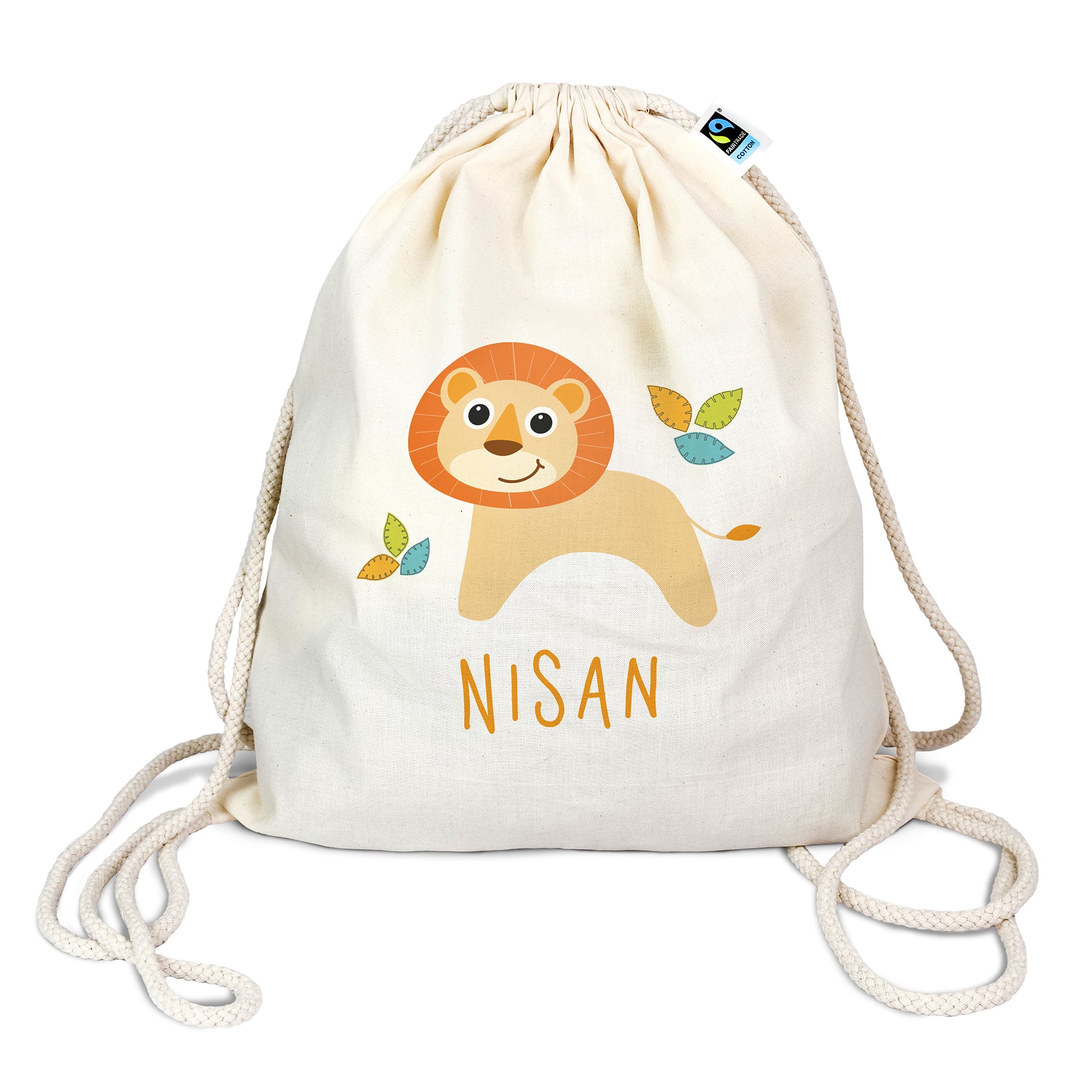 Personalisierter Turnbeutel aus Bio- Baumwolle | mit Wunschnamen | Löwe Blätter | für Schule und Kindergarten - verschenkich.de
