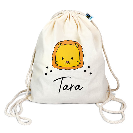 Personalisierter Turnbeutel aus Bio- Baumwolle | mit Wunschnamen | Löwe | fuer Schule und Kindergarten - verschenkich.de