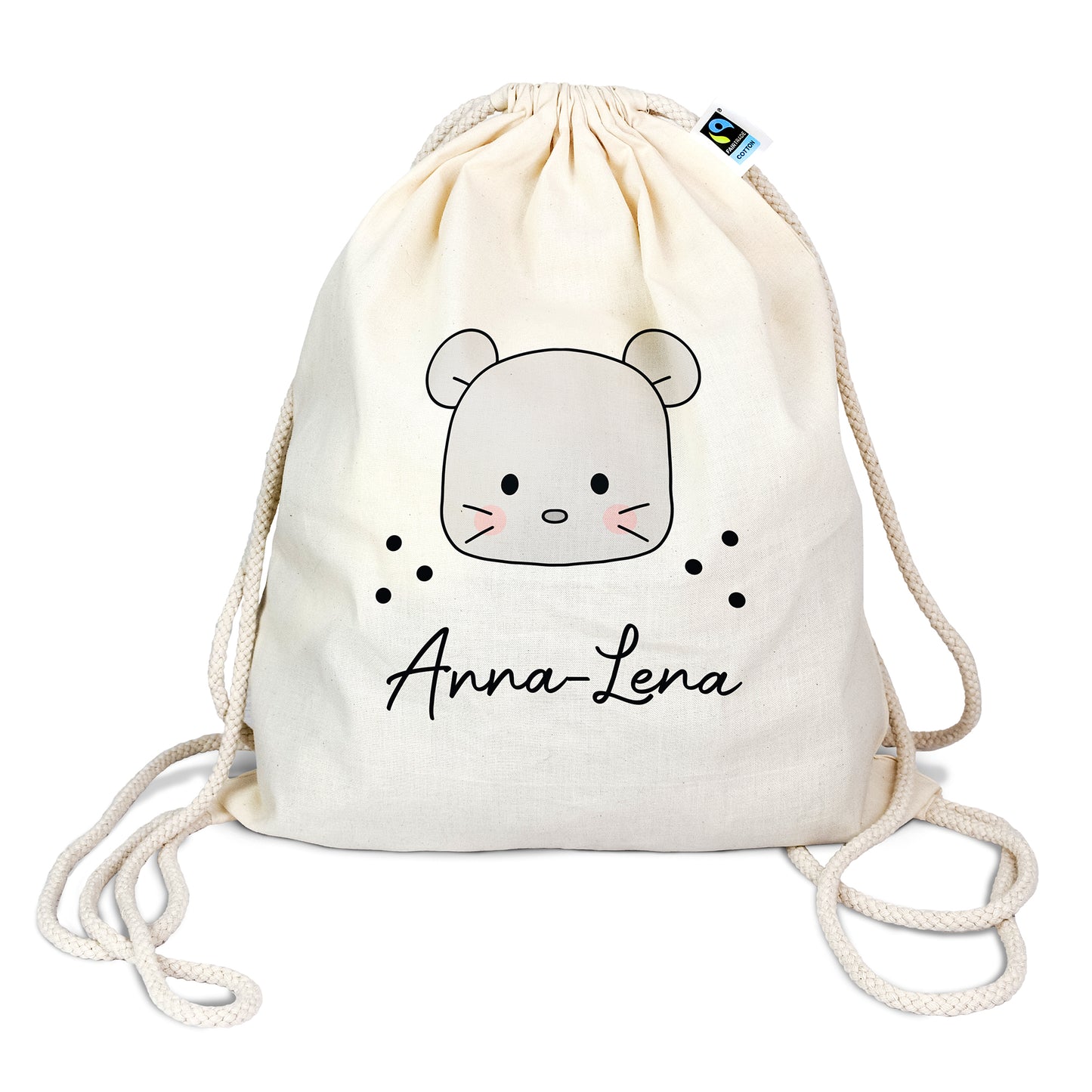 Personalisierter Turnbeutel aus Bio- Baumwolle | mit Wunschnamen | Maus | fuer Schule und Kindergarten - verschenkich.de