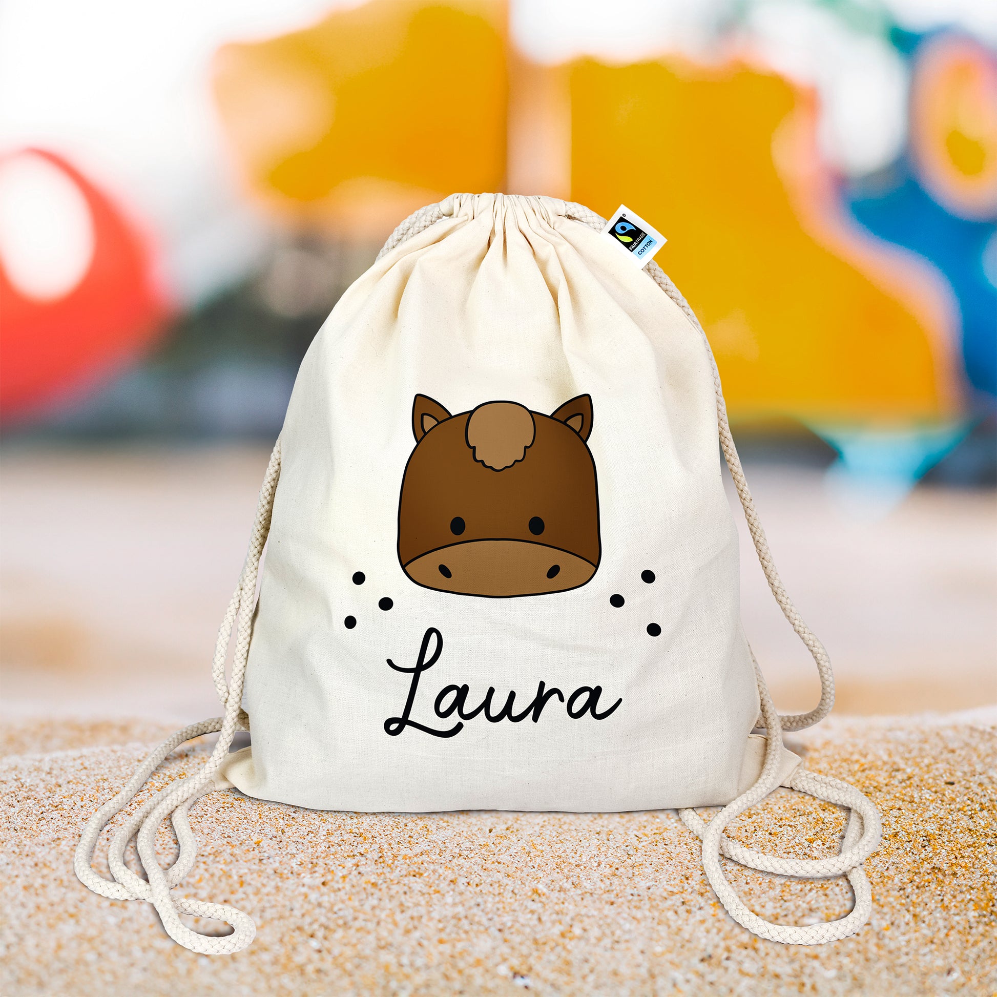 Personalisierter Turnbeutel aus Bio- Baumwolle | mit Wunschnamen | Pferd | für Schule und Kindergarten - verschenkich.de