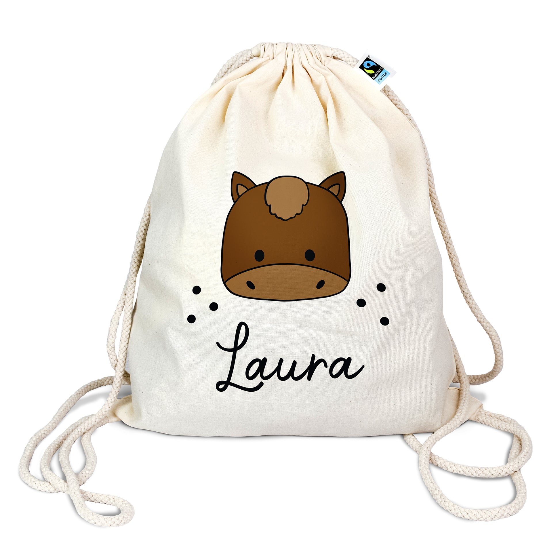 Personalisierter Turnbeutel aus Bio- Baumwolle | mit Wunschnamen | Pferd | für Schule und Kindergarten - verschenkich.de