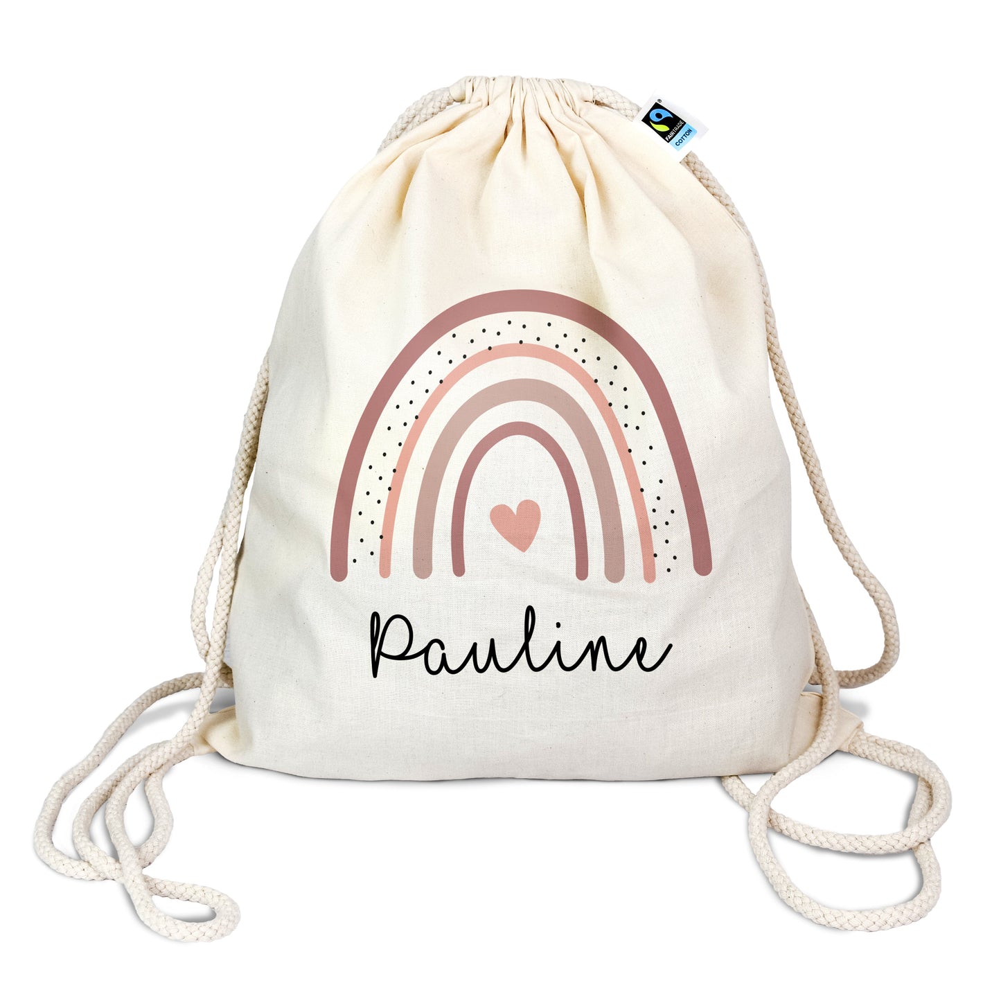 Turnbeutel aus Bio-Baumwolle mit Name | Regenbogen altrosa-rosa