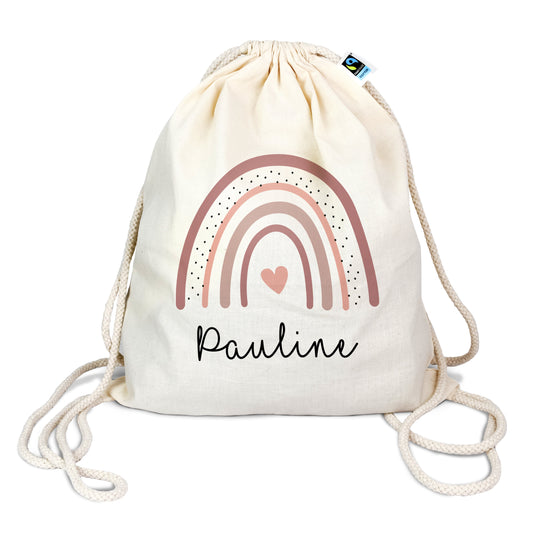 Turnbeutel aus Bio-Baumwolle mit Name | Regenbogen altrosa-rosa