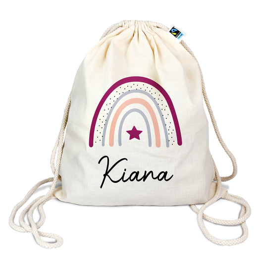Personalisierter Turnbeutel aus Bio- Baumwolle | mit Wunschnamen | Regenbogen beere- lila | Stern | fuer Schule und Kindergarten - verschenkich.de