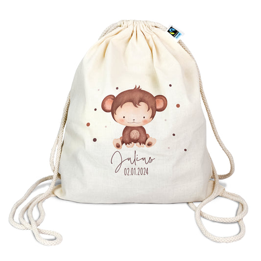 Personalisierter Turnbeutel aus Bio- Baumwolle | mit Wunschnamen und Datum | Tierkinder Affe | Rucksack für Schule und Kindergarten - verschenkich.de