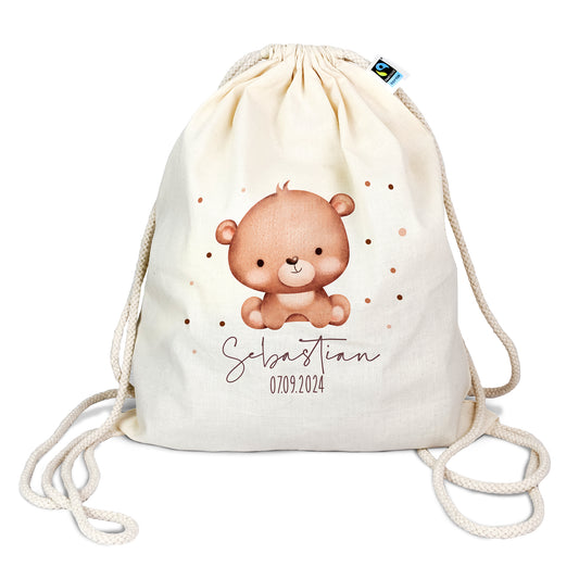 Personalisierter Turnbeutel aus Bio- Baumwolle | mit Wunschnamen und Datum | Tierkinder Bär | Rucksack für Schule und Kindergarten - verschenkich.de