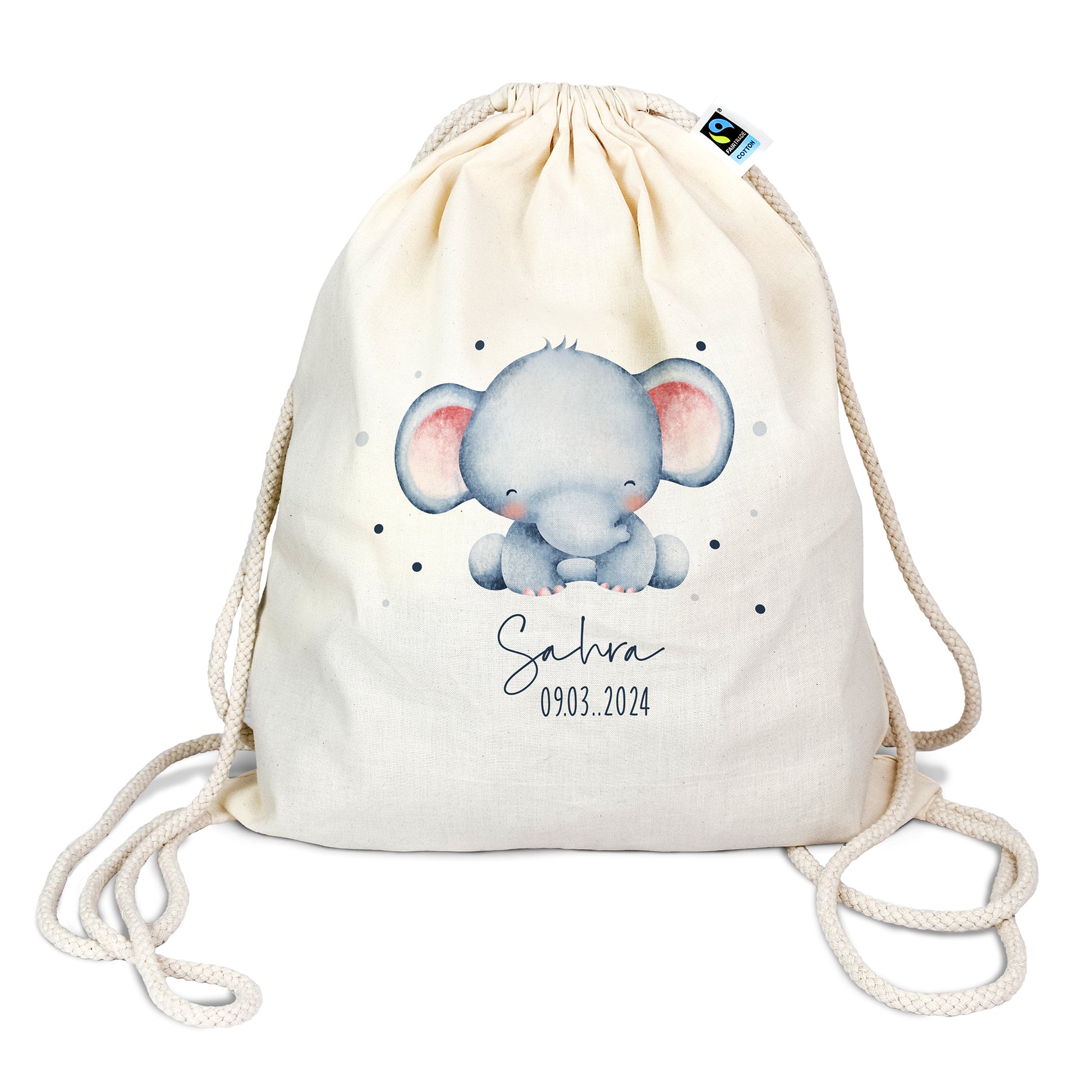 Personalisierter Turnbeutel aus Bio- Baumwolle | mit Wunschnamen und Datum | Tierkinder Elefant | Rucksack für Schule und Kindergarten - verschenkich.de