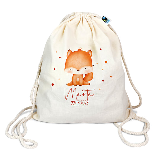 Personalisierter Turnbeutel aus Bio- Baumwolle | mit Wunschnamen und Datum | Tierkinder Fuchs | Rucksack für Schule und Kindergarten - verschenkich.de
