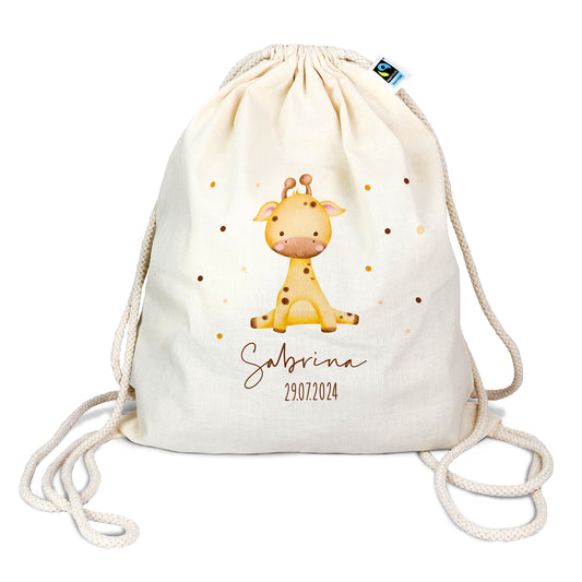 Personalisierter Turnbeutel aus Bio- Baumwolle | mit Wunschnamen und Datum | Tierkinder Giraffe | Rucksack für Schule und Kindergarten - verschenkich.de