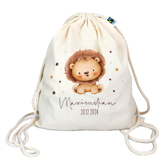 Personalisierter Turnbeutel aus Bio- Baumwolle | mit Wunschnamen und Datum | Tierkinder Löwe | Rucksack für Schule und Kindergarten - verschenkich.de