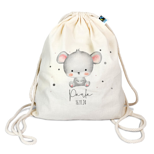 Personalisierter Turnbeutel aus Bio- Baumwolle | mit Wunschnamen und Datum | Tierkinder Maus | Rucksack für Schule und Kindergarten - verschenkich.de