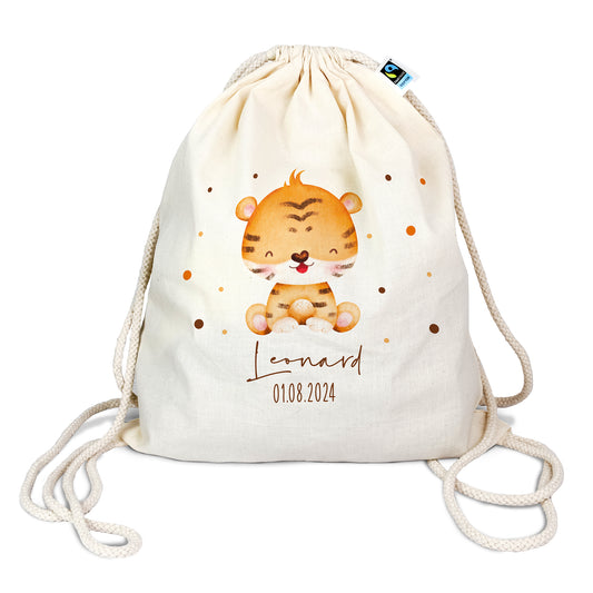 Personalisierter Turnbeutel aus Bio- Baumwolle | mit Wunschnamen und Datum | Tierkinder Tiger | Rucksack für Schule und Kindergarten - verschenkich.de