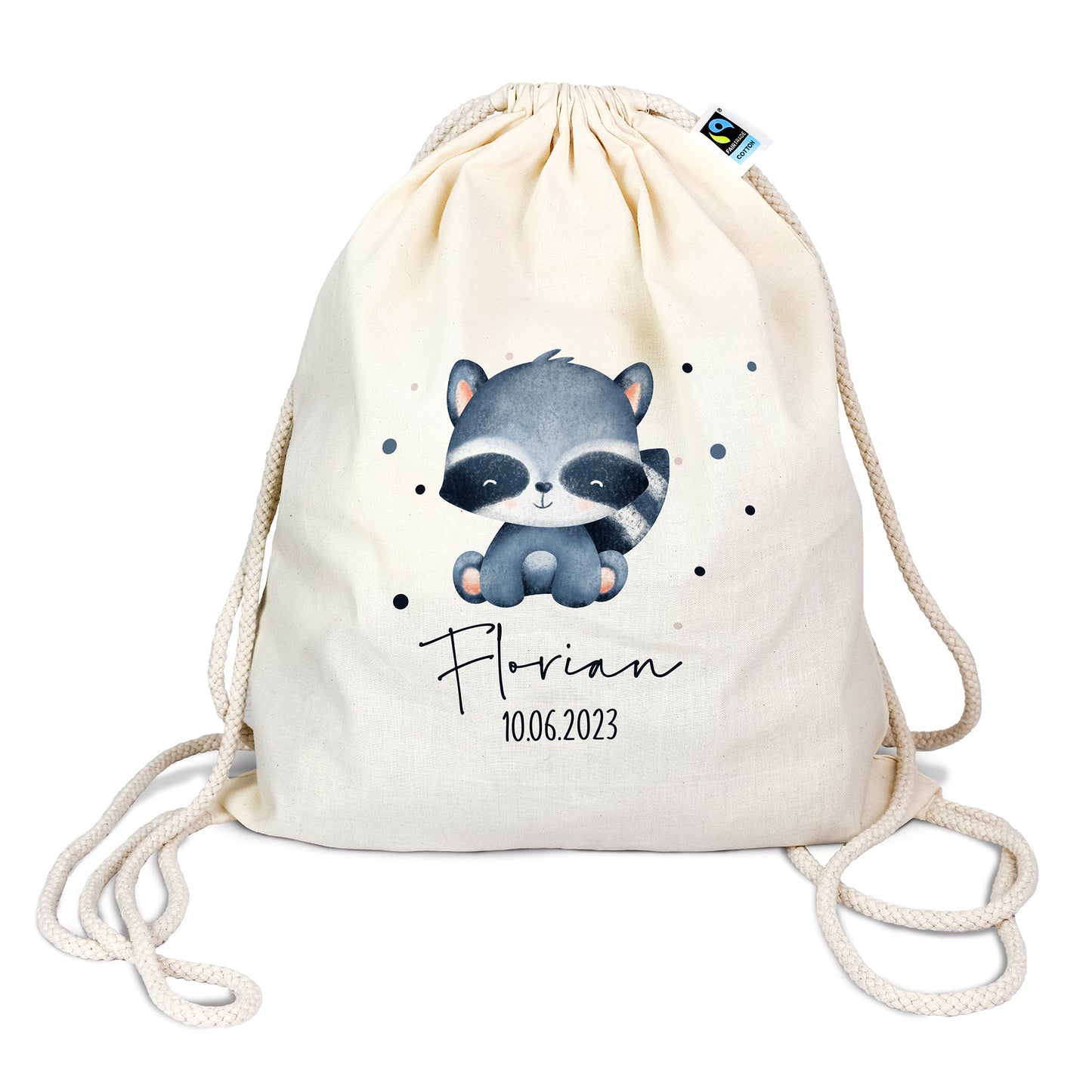 Personalisierter Turnbeutel aus Bio- Baumwolle | mit Wunschnamen und Datum | Tierkinder Waschbär | Rucksack für Schule und Kindergarten - verschenkich.de