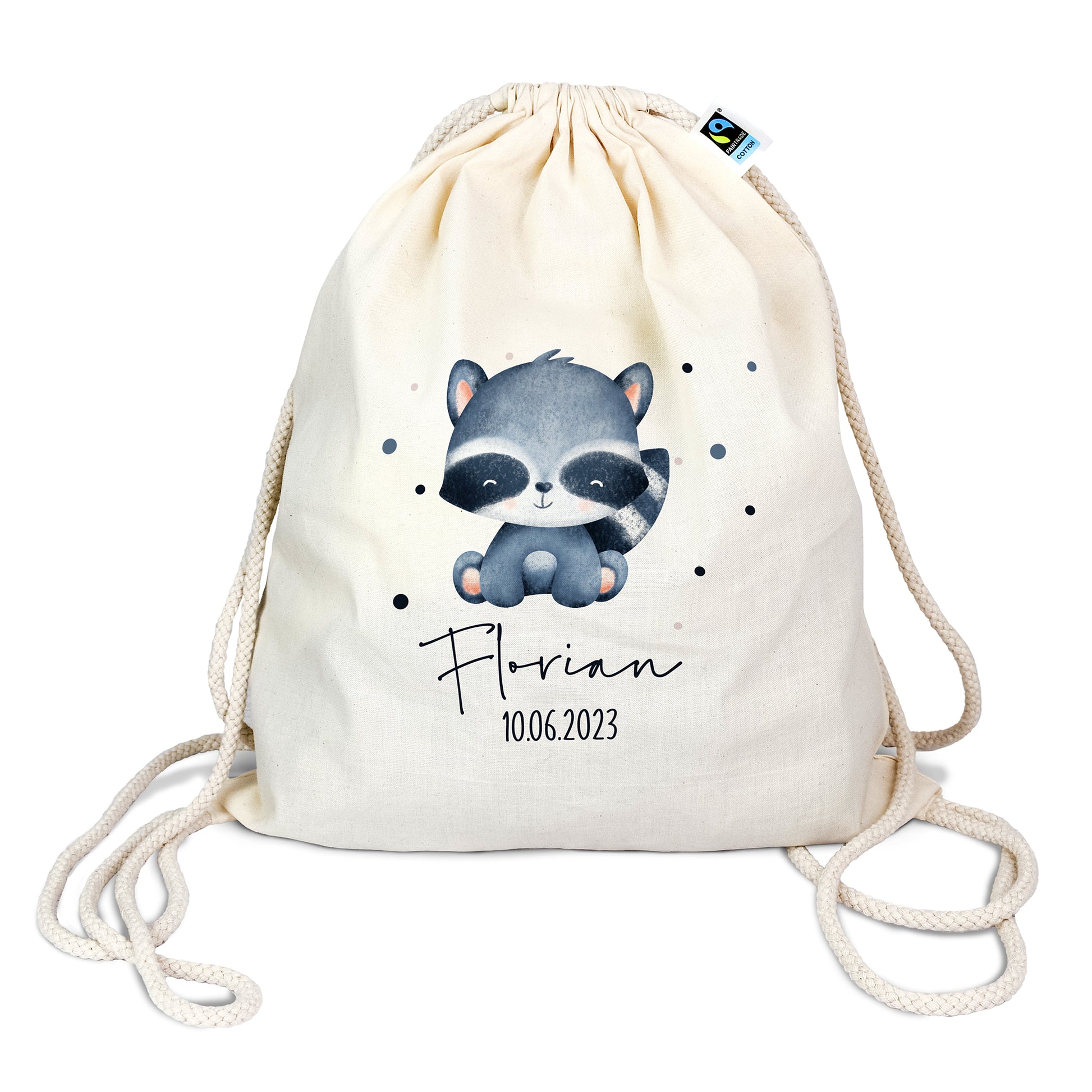 Personalisierter Turnbeutel aus Bio- Baumwolle | mit Wunschnamen und Datum | Tierkinder Waschbär | Rucksack für Schule und Kindergarten - verschenkich.de