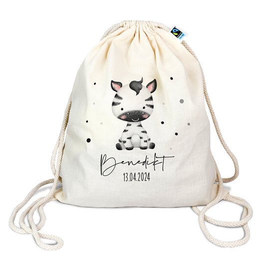 Personalisierter Turnbeutel aus Bio- Baumwolle | mit Wunschnamen und Datum | Tierkinder Zebra | Rucksack für Schule und Kindergarten - verschenkich.de
