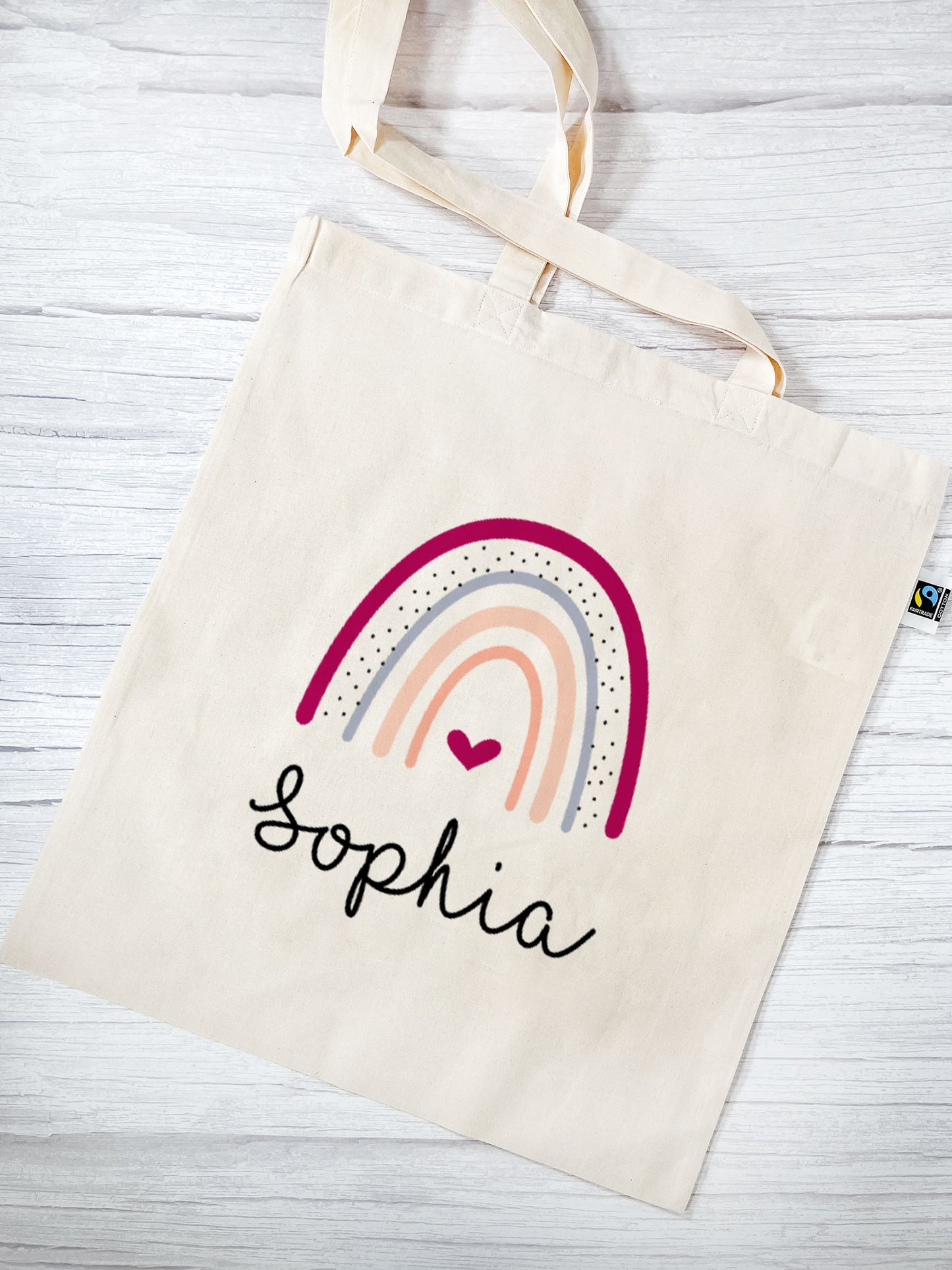 Stofftasche aus Bio- Baumwolle mit Name | Regenbogen Herz