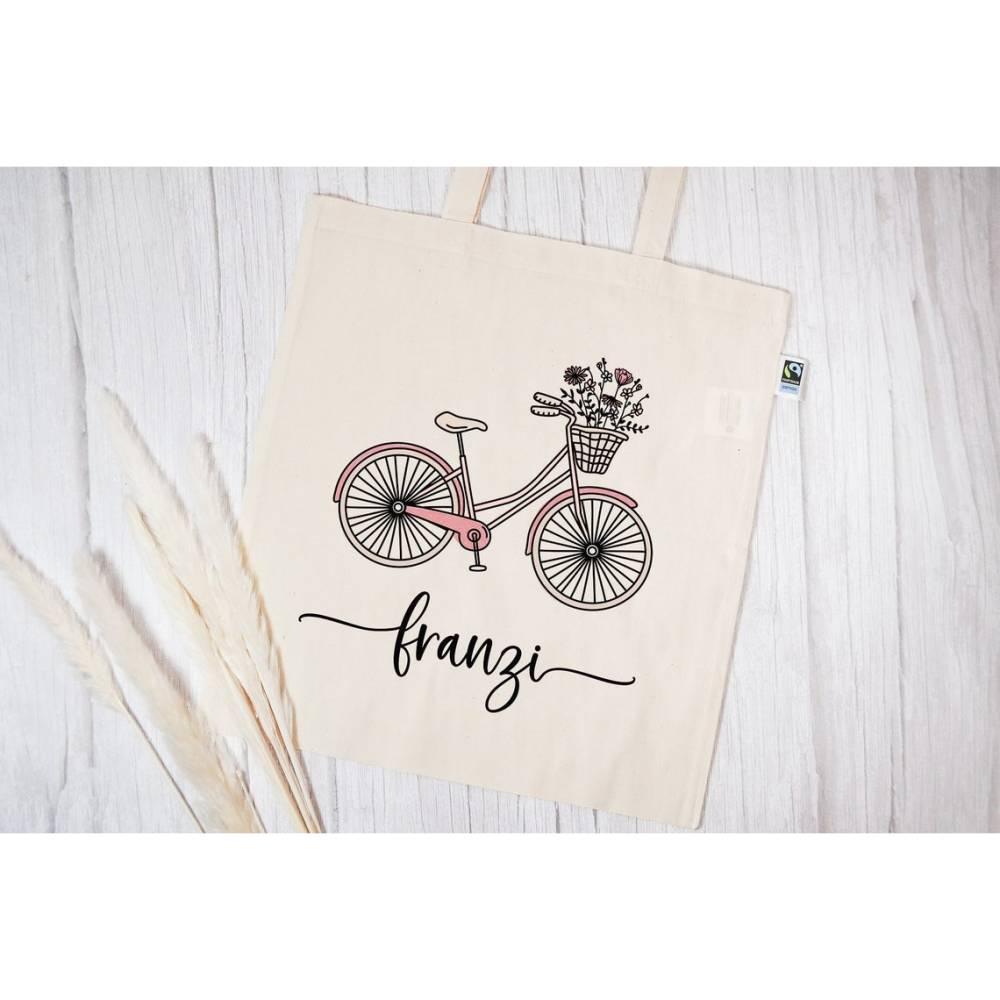 Stofftasche personalisiert und mit Wunschname - Motiv: Fahrrad - Rosa - verschenkich.de
