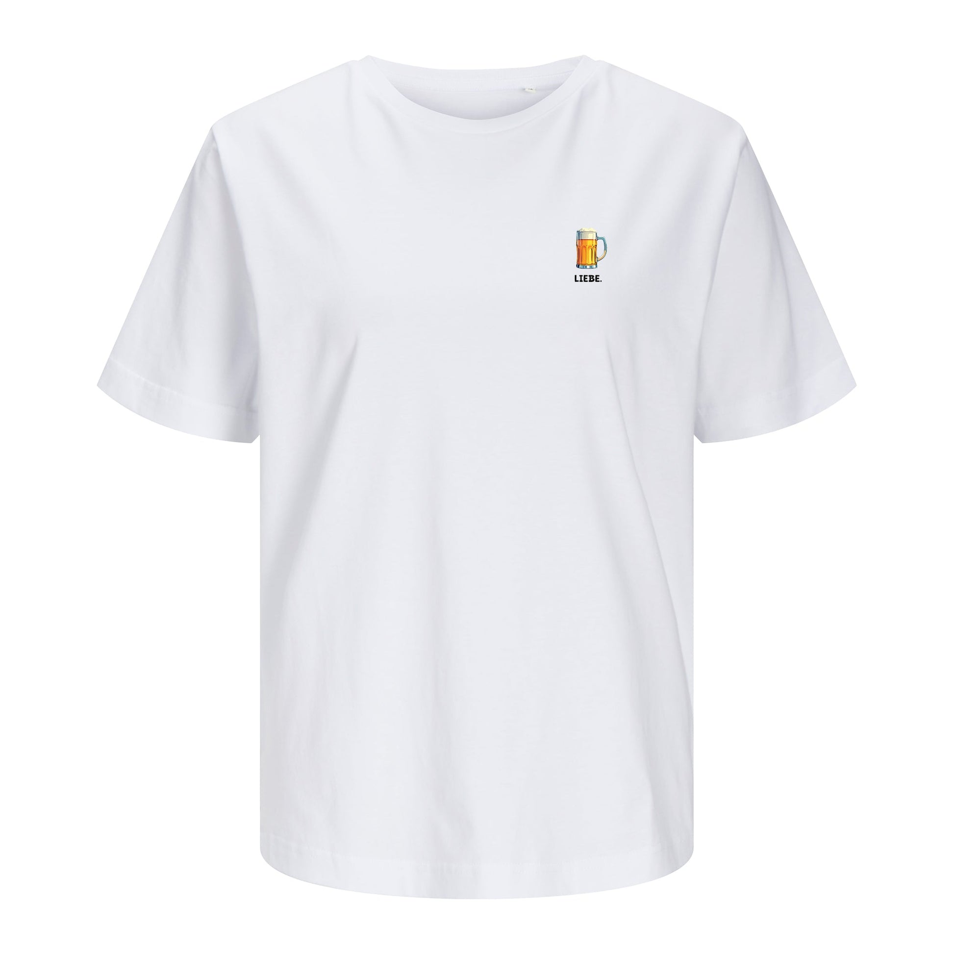 Weißes Unisex T-Shirt mit dem „Bierliebe“-Motiv, freigestellt auf weißem Hintergrund. Das Shirt besteht aus 100 % Bio-Baumwolle.