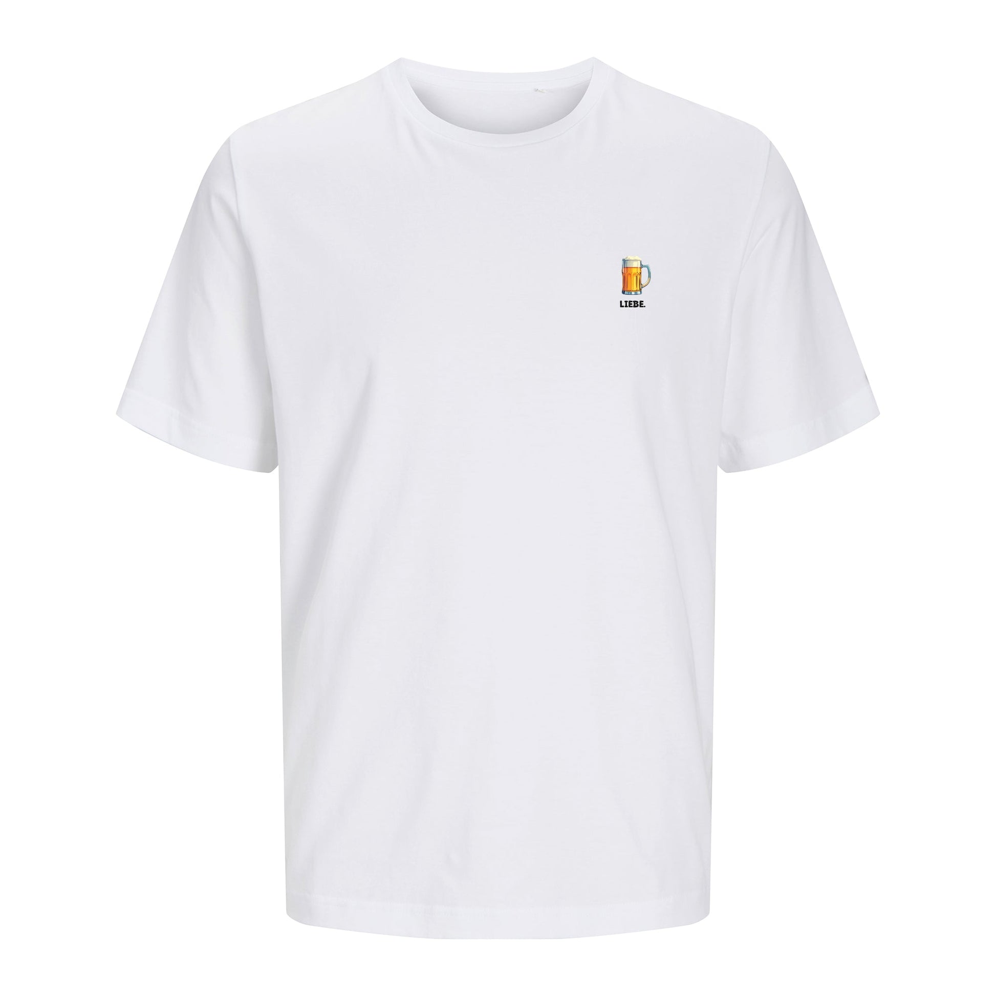 Weißes Unisex T-Shirt mit dem „Bierliebe“-Motiv, freigestellt auf weißem Hintergrund. Das Shirt besteht aus 100 % Bio-Baumwolle.