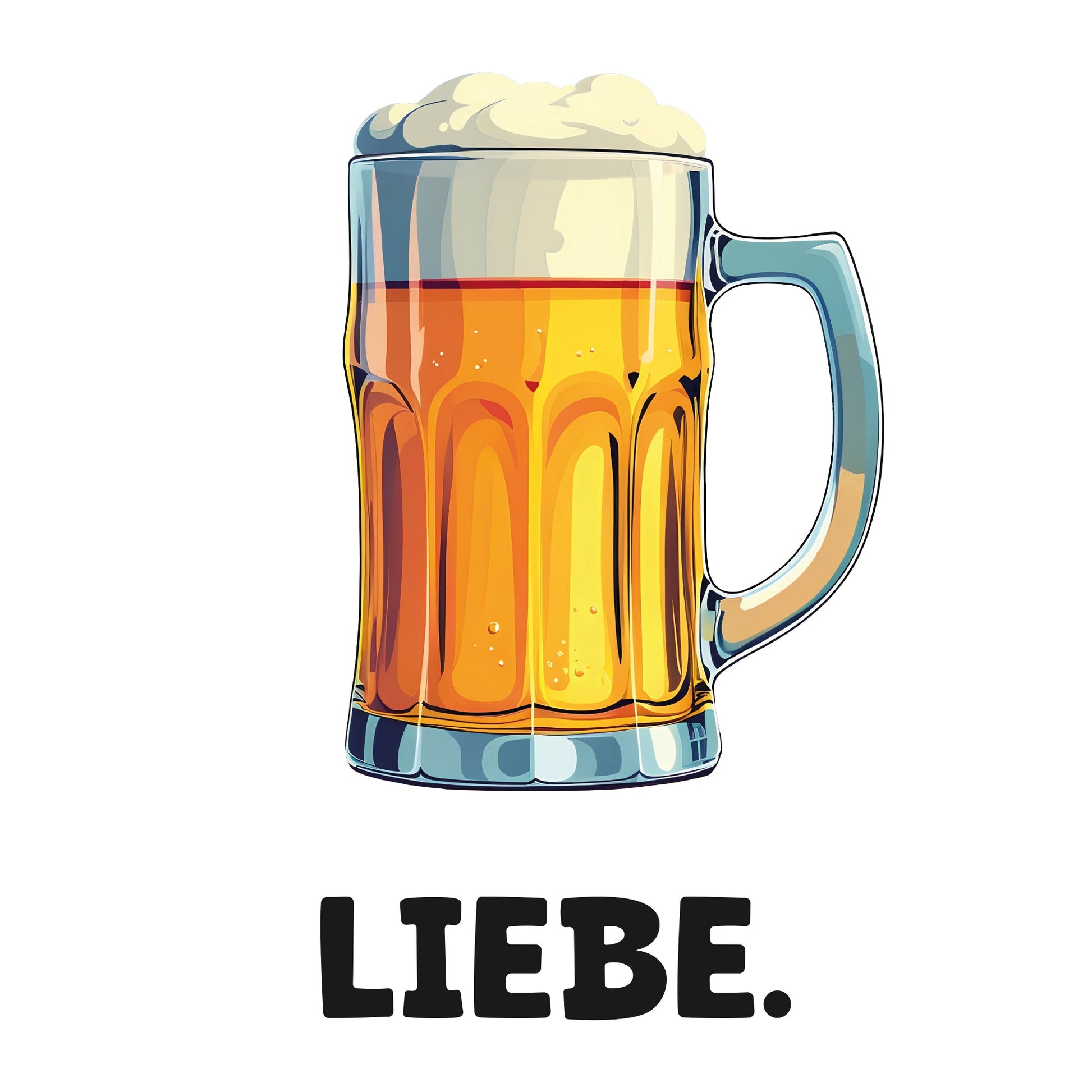 Weißes Unisex T-Shirt mit dem Motiv einer Bierkrug-Illustration und dem Schriftzug „LIEBE“. Hergestellt aus 100 % Bio-Baumwolle.