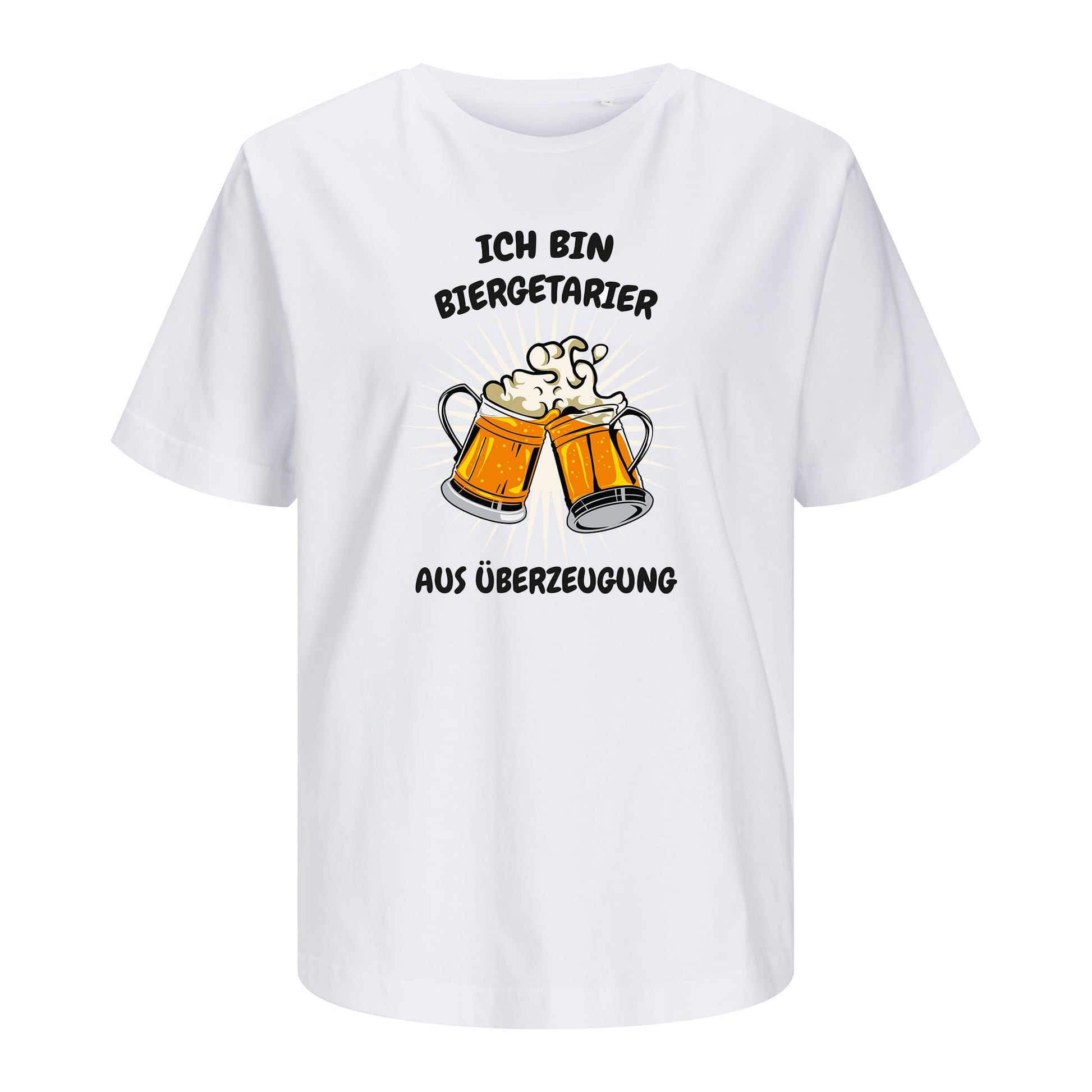 Weißes Unisex T-Shirt mit dem „Ich bin Biergetarier“-Motiv, freigestellt auf weißem Hintergrund. Das Shirt besteht aus 100 % Bio-Baumwolle.