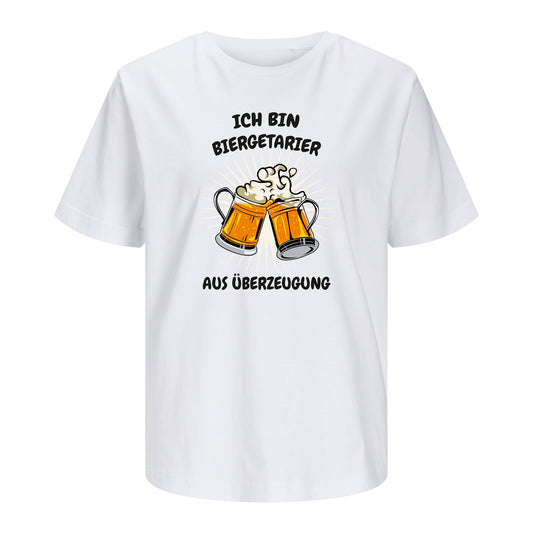 Weißes Unisex T-Shirt mit dem „Ich bin Biergetarier“-Motiv, freigestellt auf weißem Hintergrund. Das Shirt besteht aus 100 % Bio-Baumwolle.