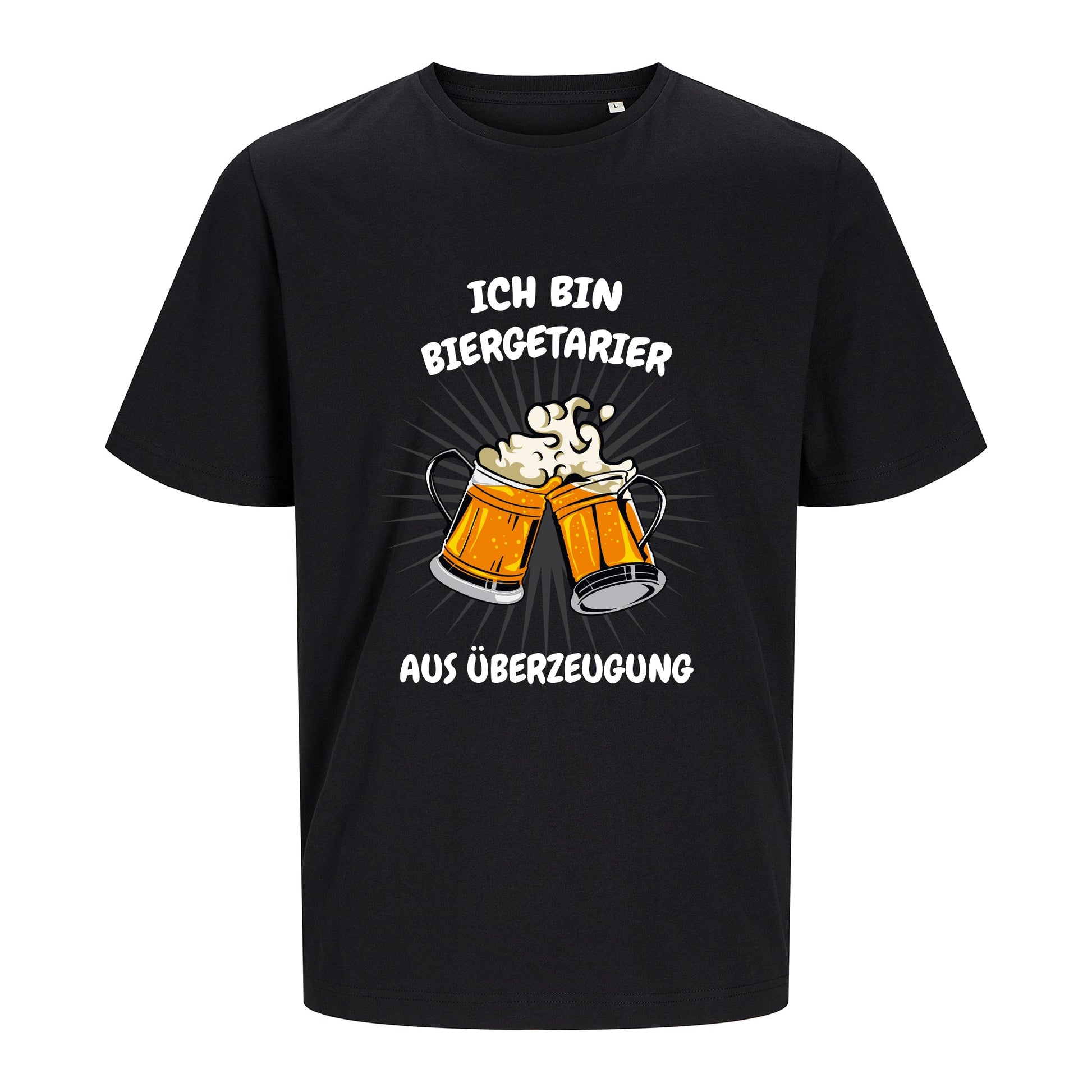 Schwarzes Unisex T-Shirt mit dem „Ich bin Biergetarier“-Motiv, freigestellt auf weißem Hintergrund. Das Shirt besteht aus 100 % Bio-Baumwolle.