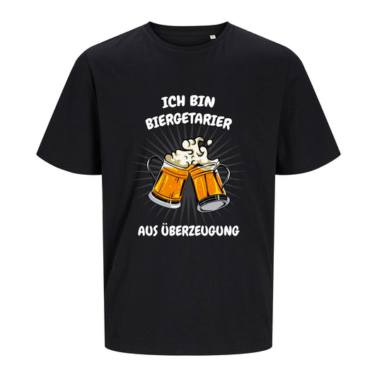 Schwarzes Unisex T-Shirt mit dem „Ich bin Biergetarier“-Motiv, freigestellt auf weißem Hintergrund. Das Shirt besteht aus 100 % Bio-Baumwolle.