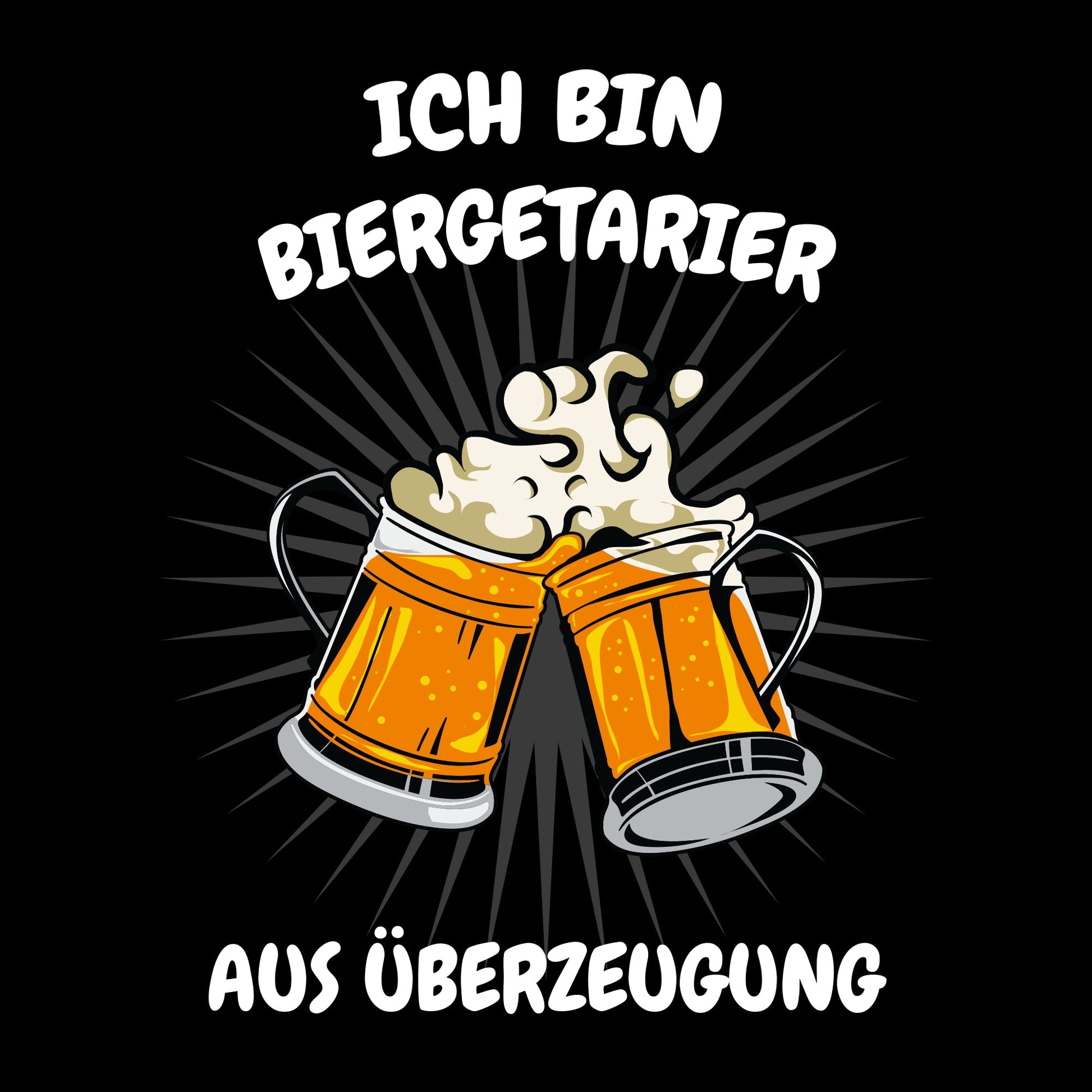 Schwarzes Unisex T-Shirt mit dem Motiv „Ich bin Biergetarier aus Überzeugung“ und zwei prall gefüllten Bierkrügen. Aus 100 % Bio-Baumwolle.