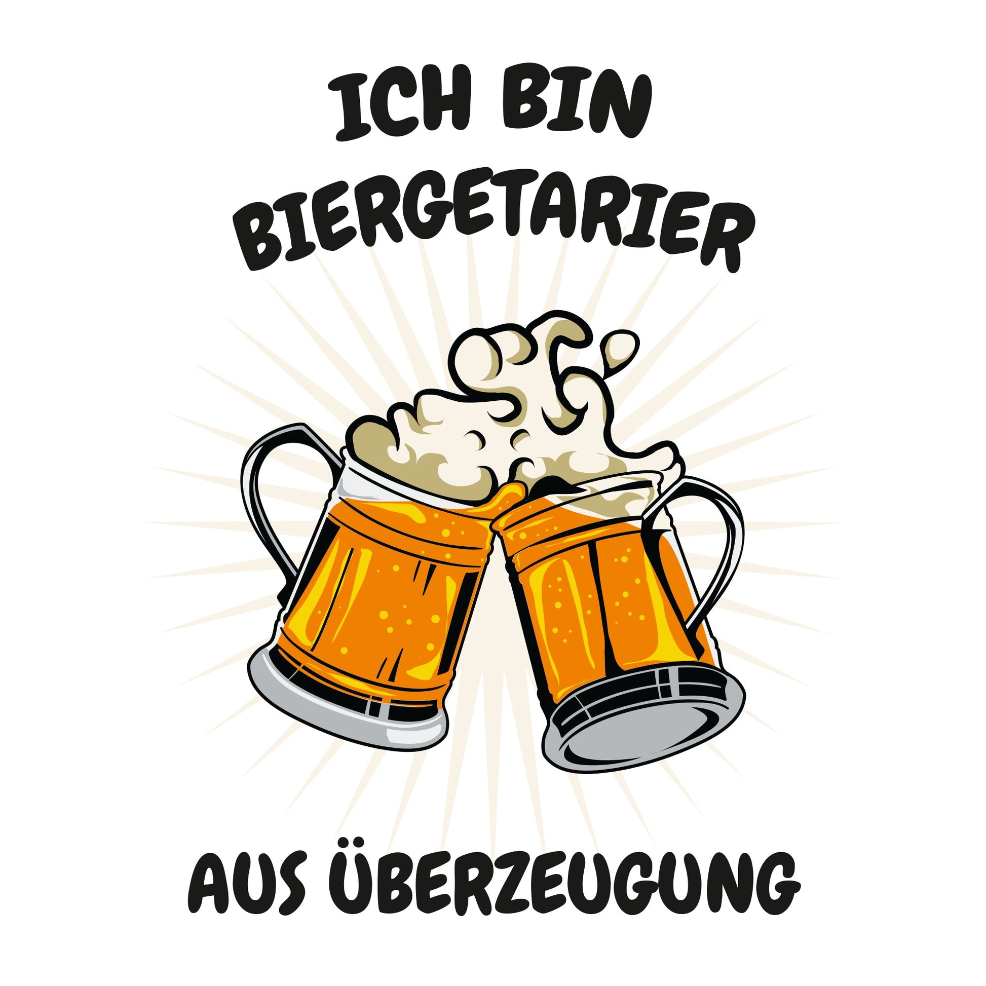 Weißes Unisex T-Shirt mit dem Motiv „Ich bin Biergetarier aus Überzeugung“ und zwei prall gefüllten Bierkrügen. Aus 100 % Bio-Baumwolle.