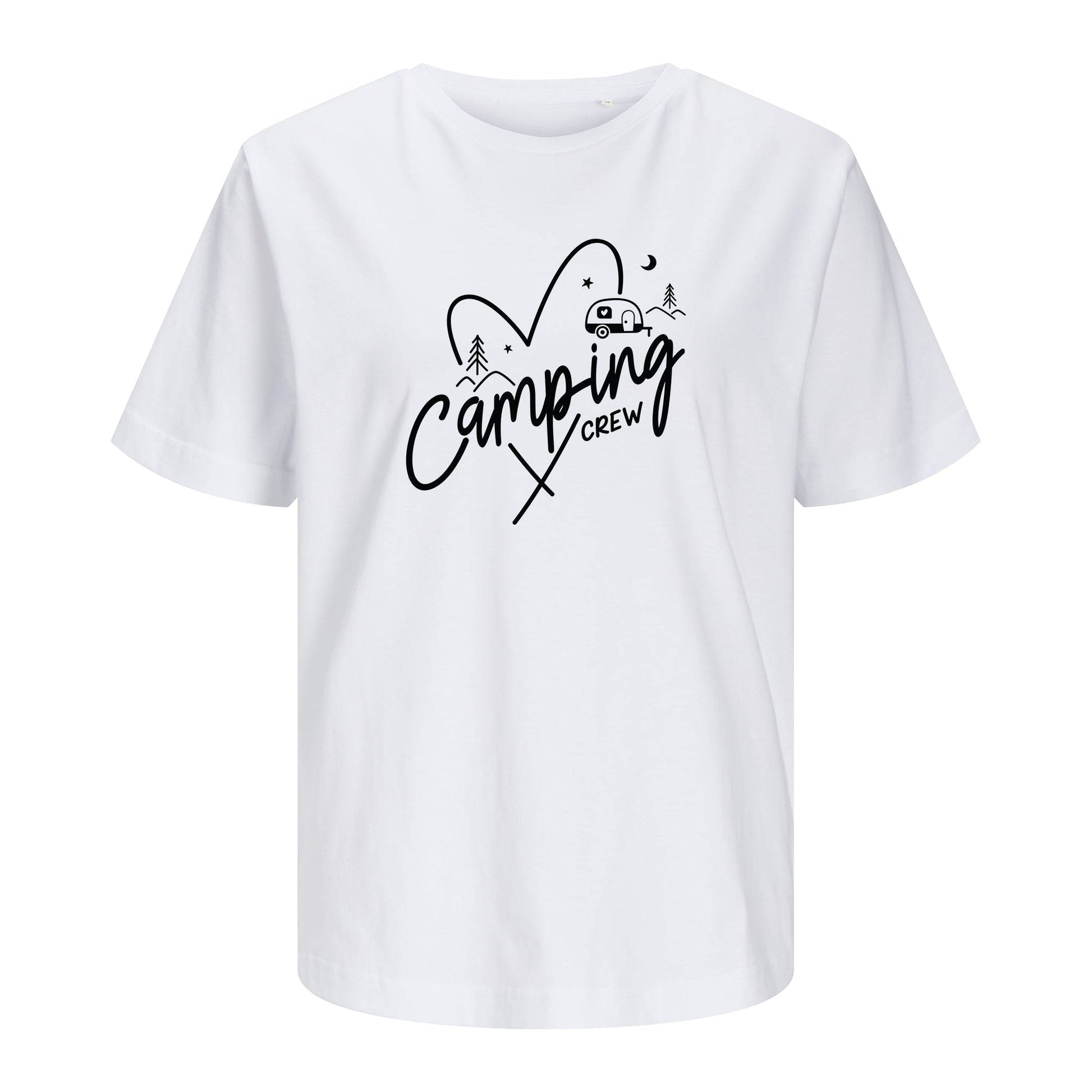 Weißes T-Shirt Camping Crew freigestellt auf weißem Hintergrund – Vorderansicht