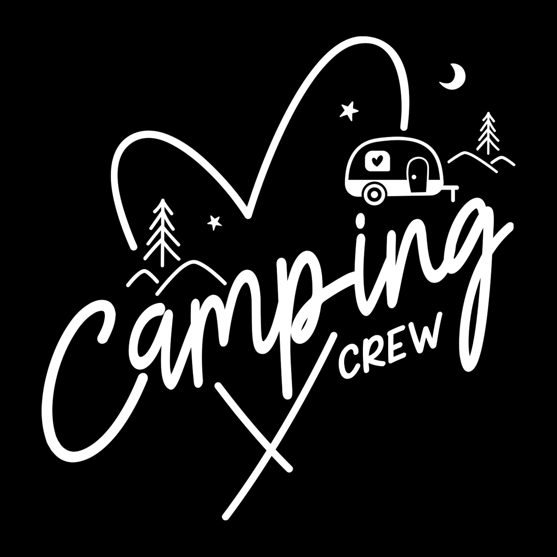 Detailansicht Camping Crew- Motiv auf schwarzem T-Shirt - Herz, Wohnwagen und Wald