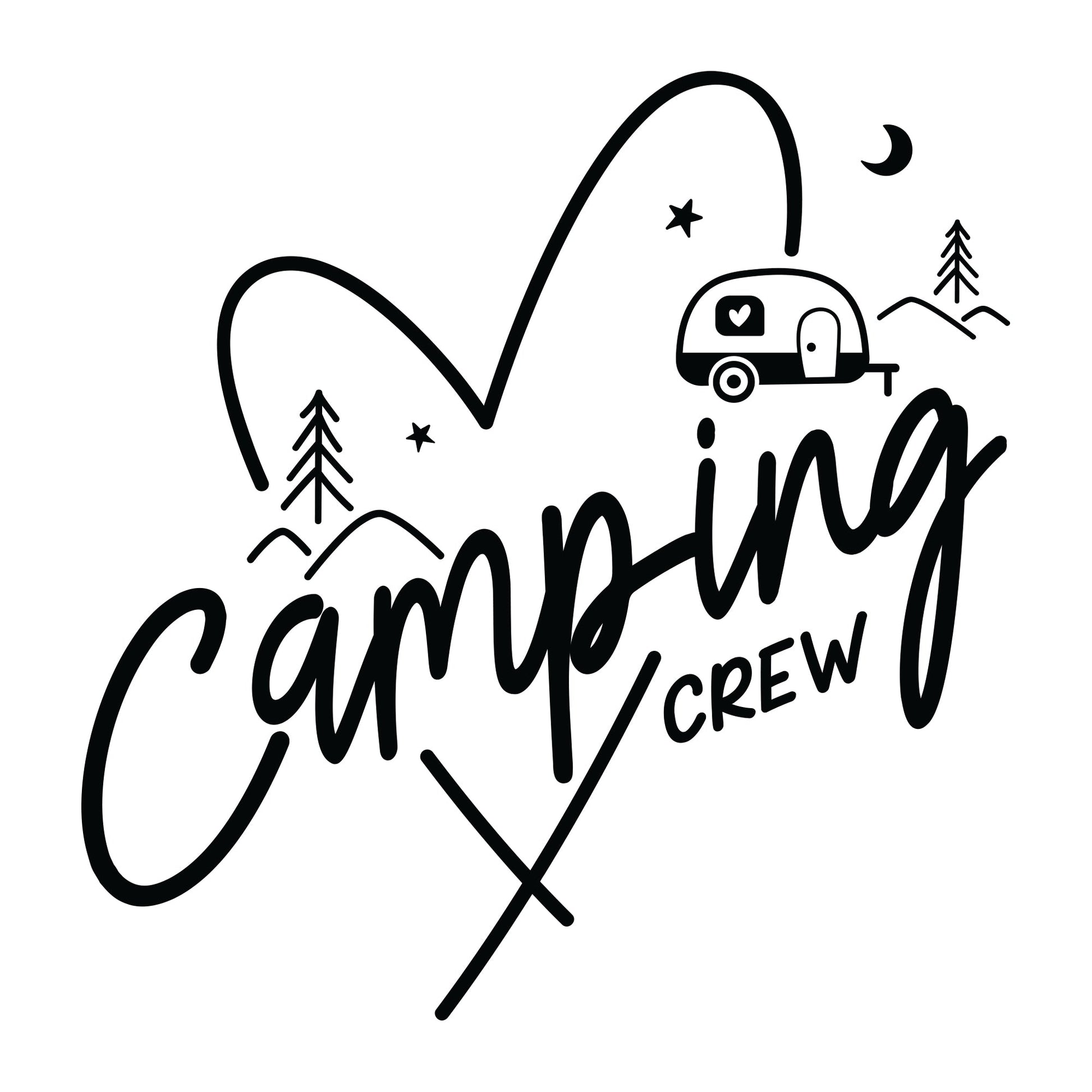 Detailansicht Camping Crew- Motiv auf weißem T-Shirt - Herz, Wohnwagen und Wald