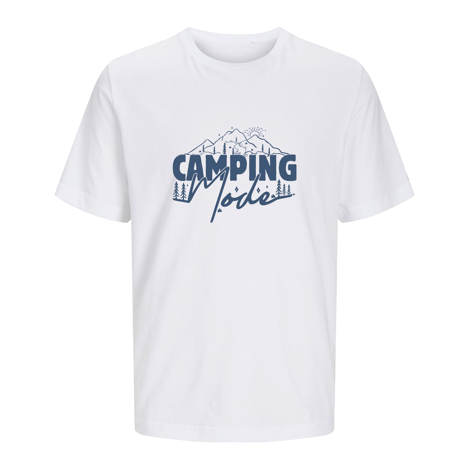 Weißes T-Shirt Camping Mode freigestellt auf weißem Hintergrund – Vorderansicht