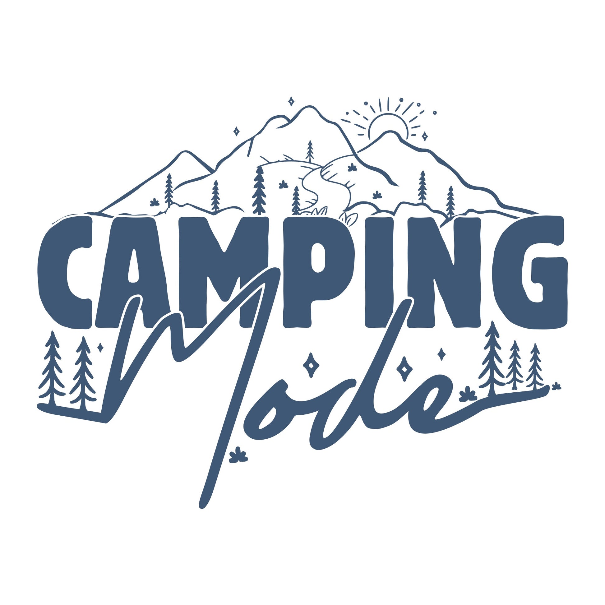 Detailansicht Camping Mode - Motiv auf weißem T-Shirt - blauer Aufdruck mit Bergen und Sonne