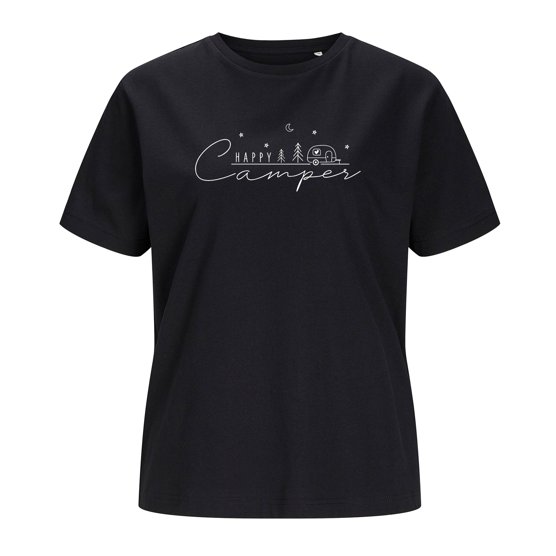 Schwarzes T-Shirt Happy Camper freigestellt auf weißem Hintergrund – Vorderansicht