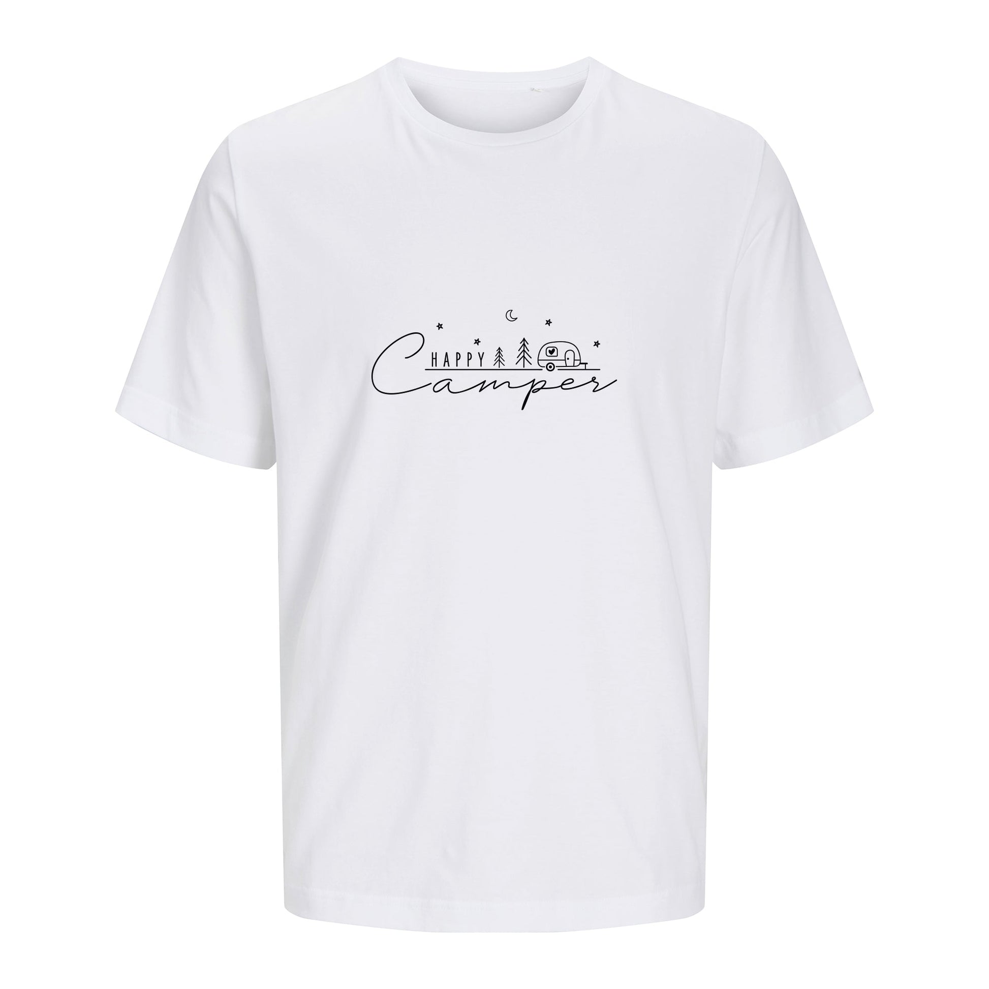 Weißes T-Shirt Happy Camper freigestellt auf weißem Hintergrund – Vorderansicht