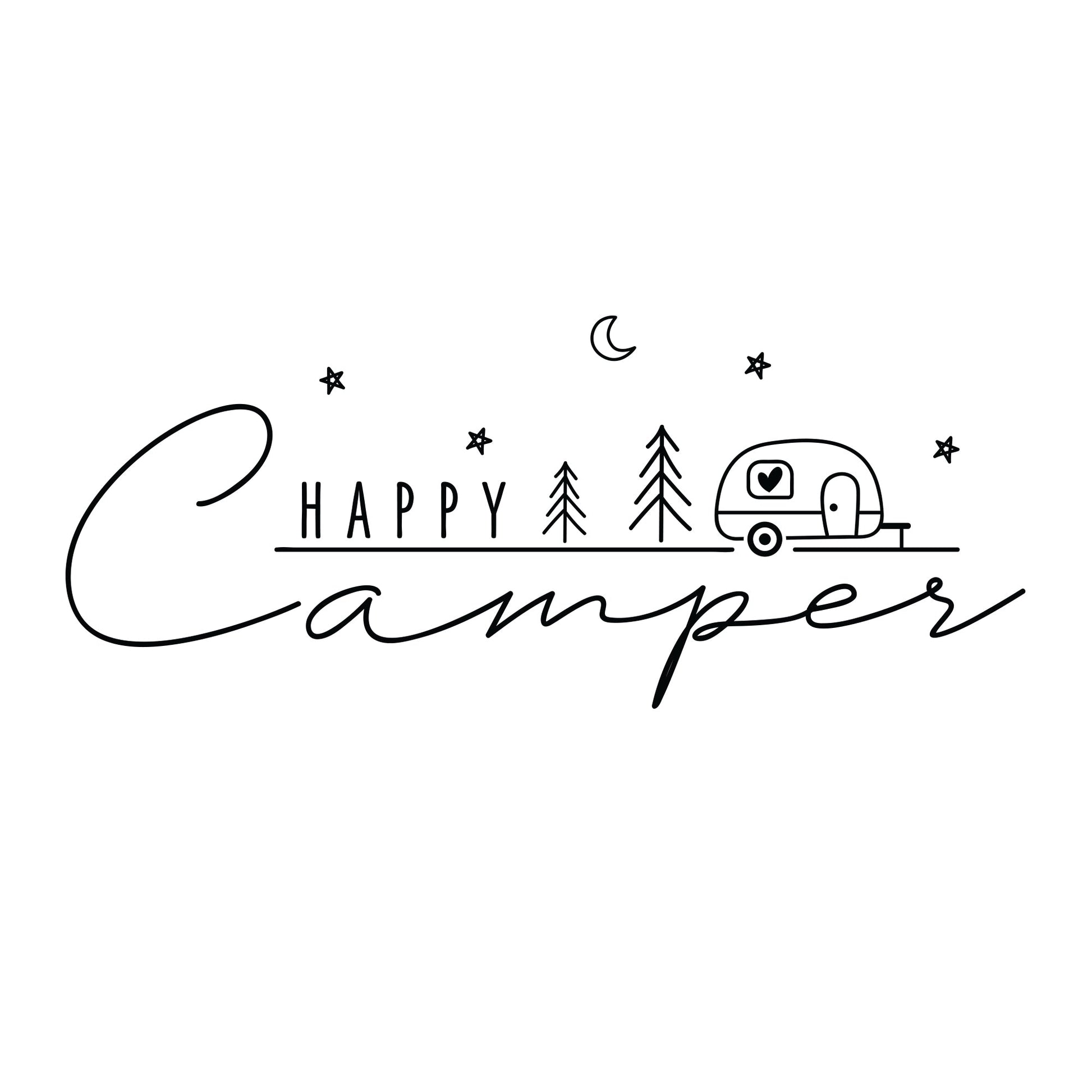 Detailansicht Happy Camper - Motiv auf weißem T-Shirt - Mond, Sterne, Wohnwagen mit Herz im Fenster, Happy in klarer Schrift, Camper in Schreibschrift