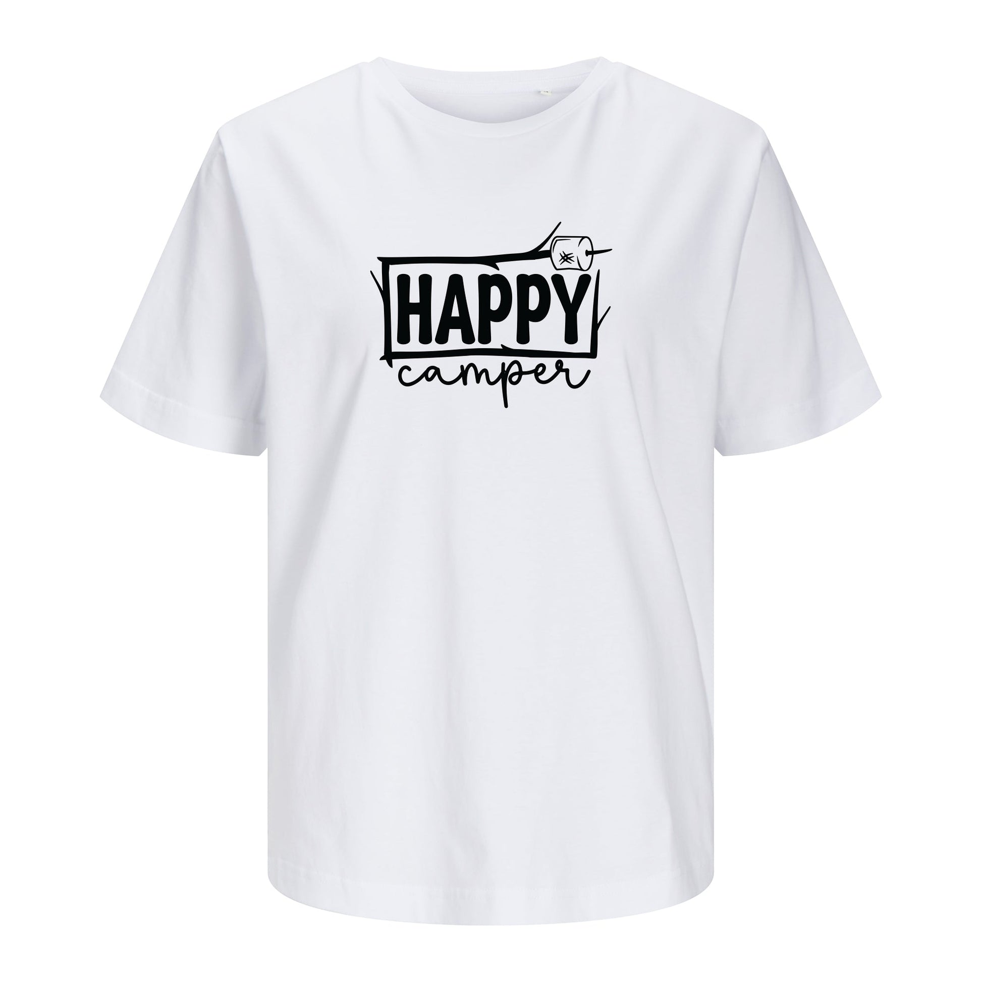 Weißes T-Shirt Happy Camper freigestellt auf weißem Hintergrund – Vorderansicht