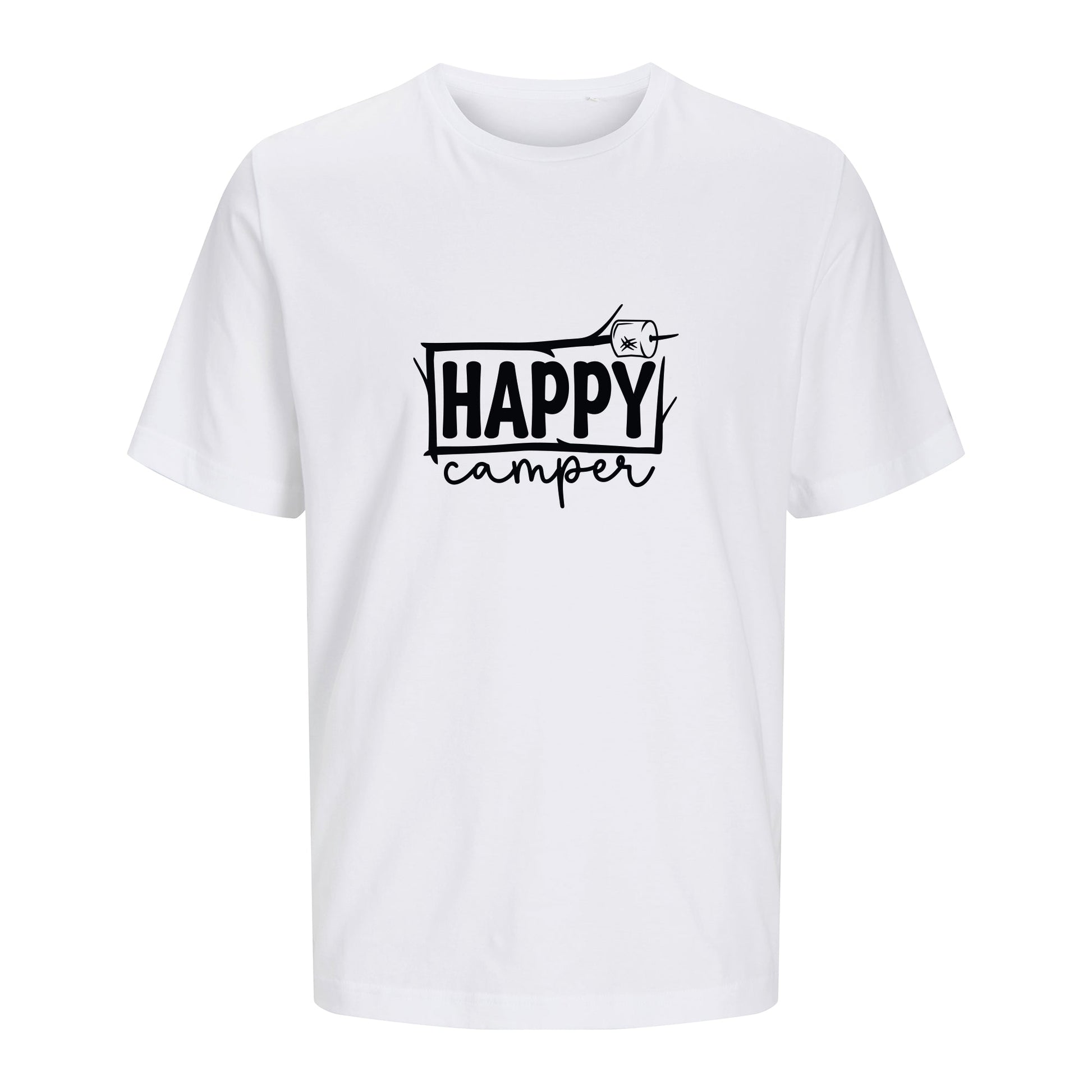 Weißes T-Shirt Happy Camper freigestellt auf weißem Hintergrund – Vorderansicht