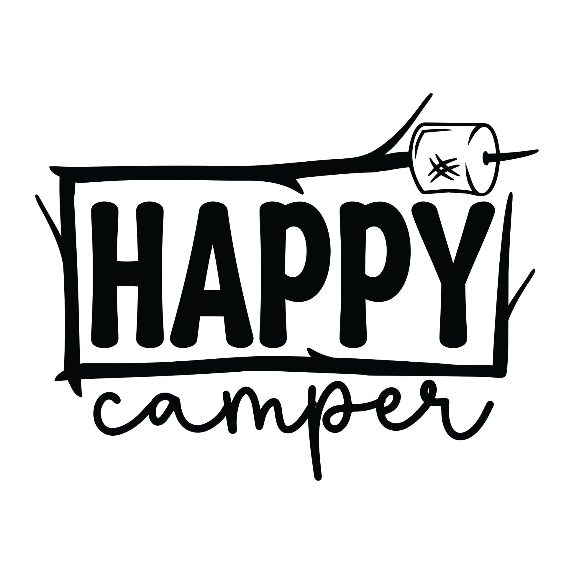 Detailansicht Happy Camper - Motiv auf weißem T-Shirt - eingerahmt in Ästen