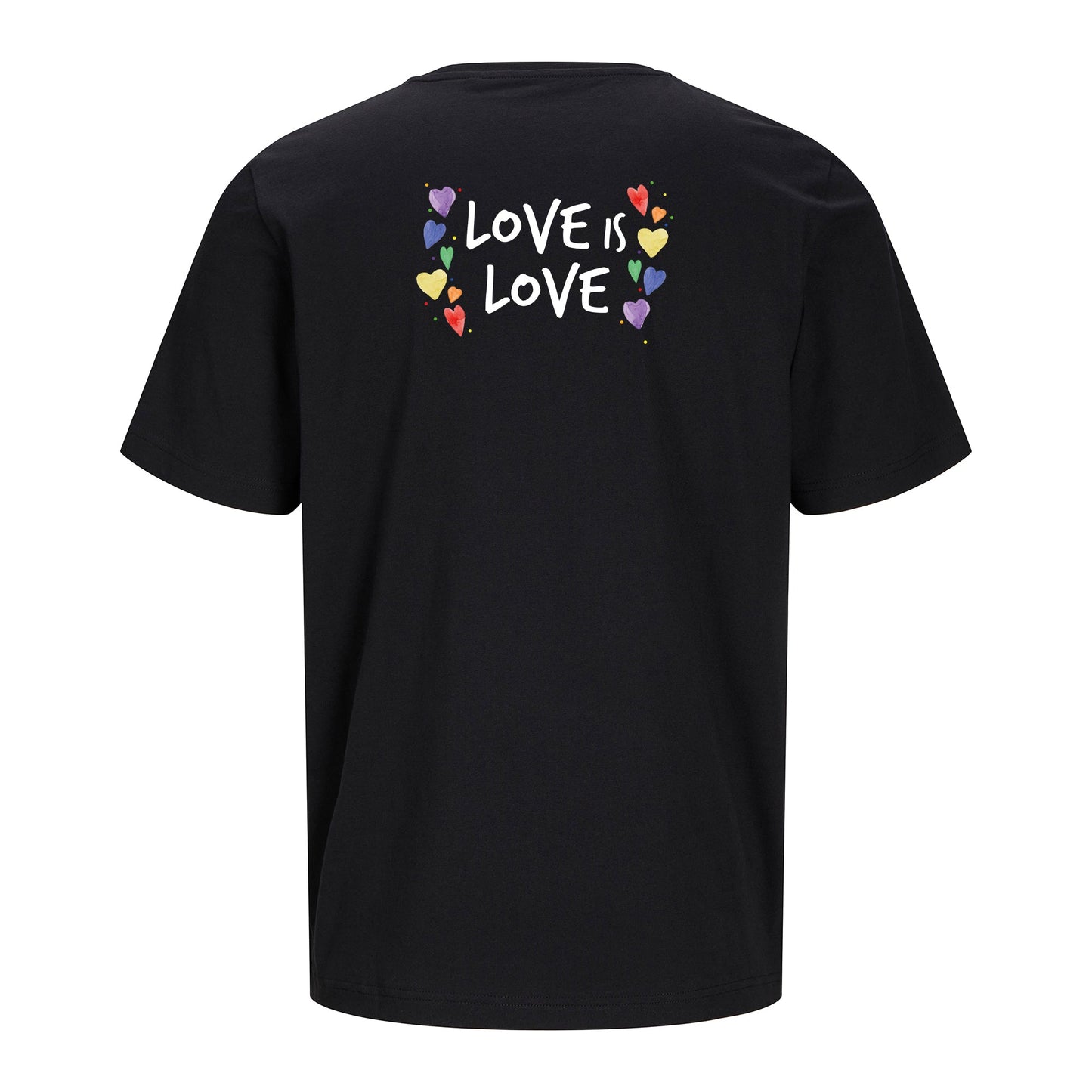 Schwarzes T-Shirt Love is Love freigestellt auf weißem Hintergrund – Rückenansicht