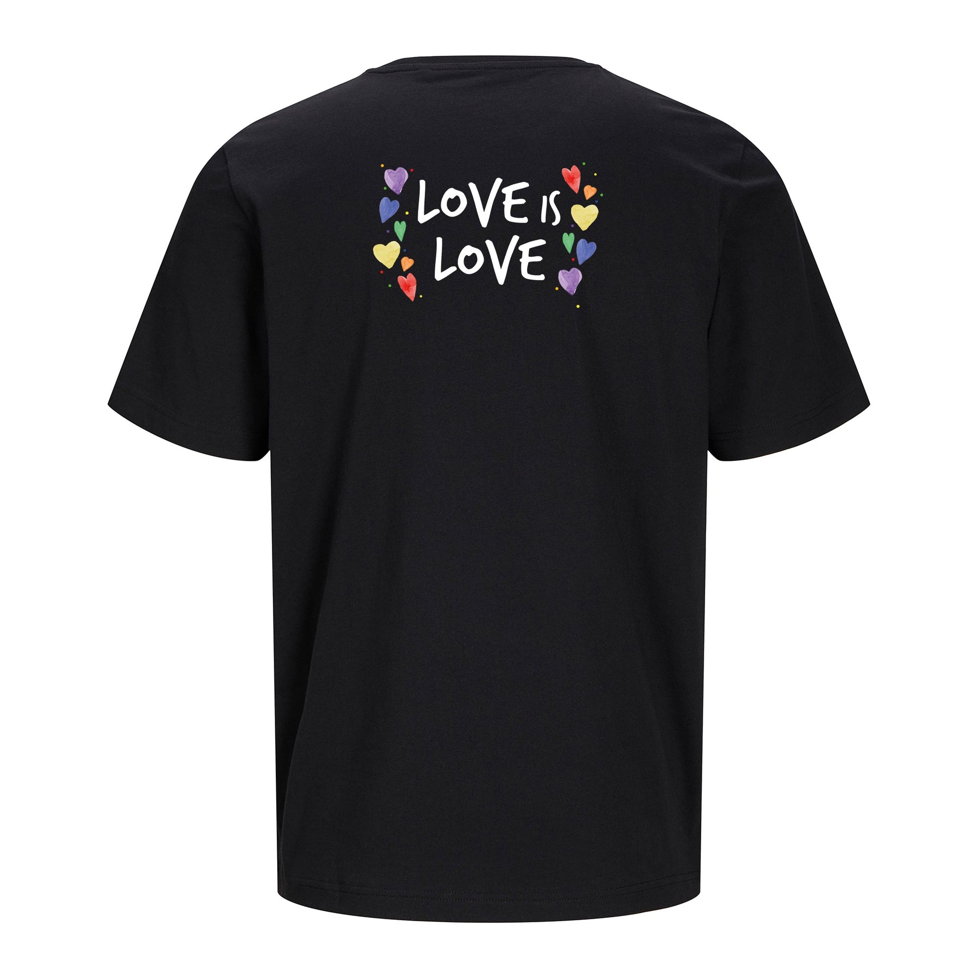 Schwarzes T-Shirt Love is Love freigestellt auf weißem Hintergrund – Rückenansicht
