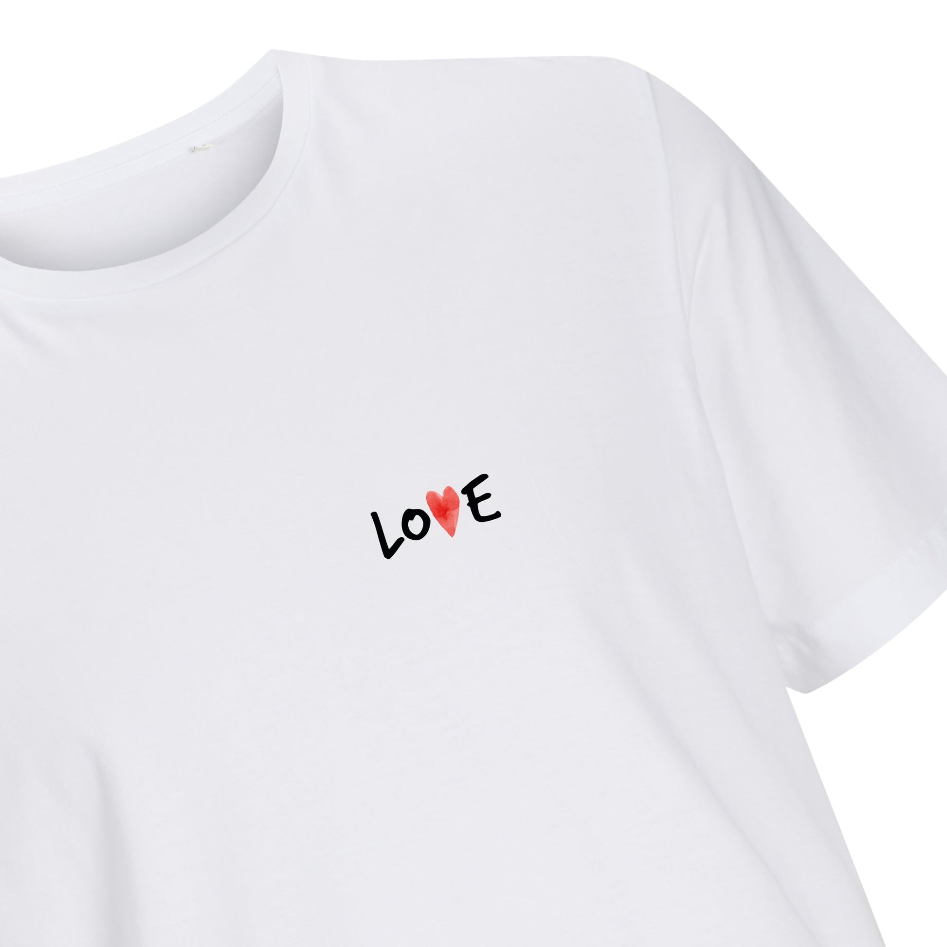 Nah Love-Motiv auf weißem T-Shirt – Love Logo