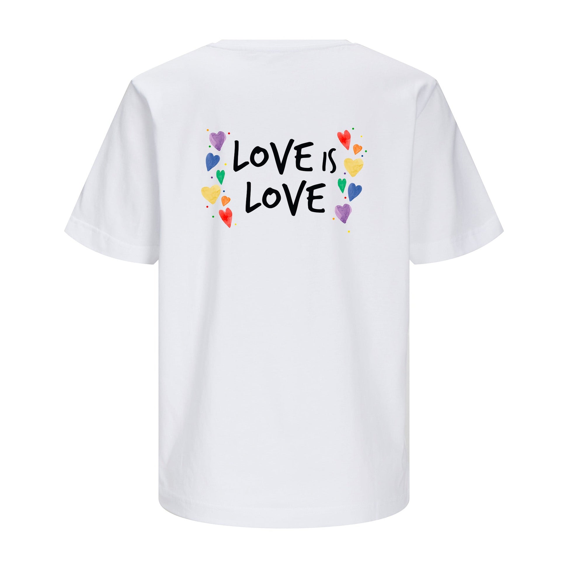 Weißes T-Shirt Love is Love freigestellt auf weißem Hintergrund – Rückenansicht